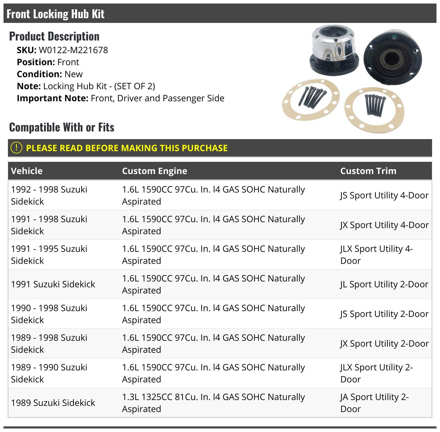 Amazon.com: Marketplace Auto Parts - Front Locking Hub Kit - Set