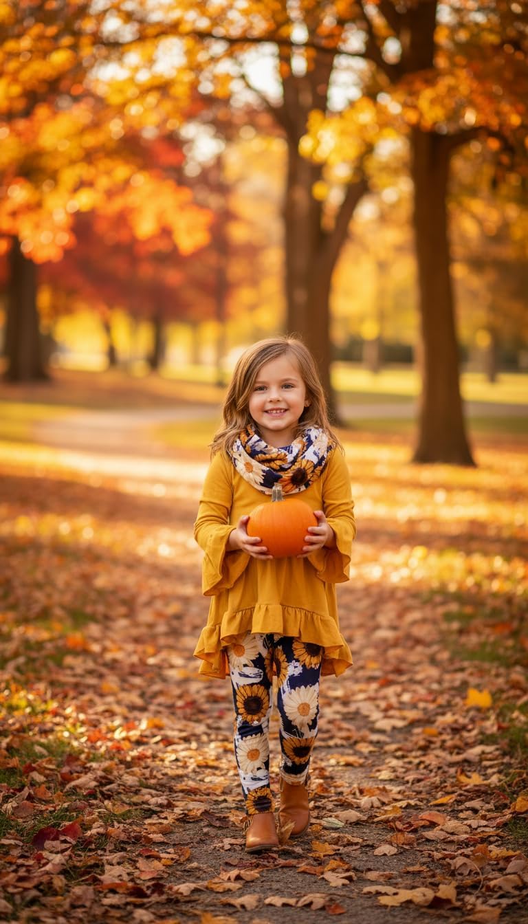 Unique Baby Girls Kids Toddler 3pc Outfit Set Long Sleeve Cotton Blend Tunic Top Leggings and Scarf - Image 6