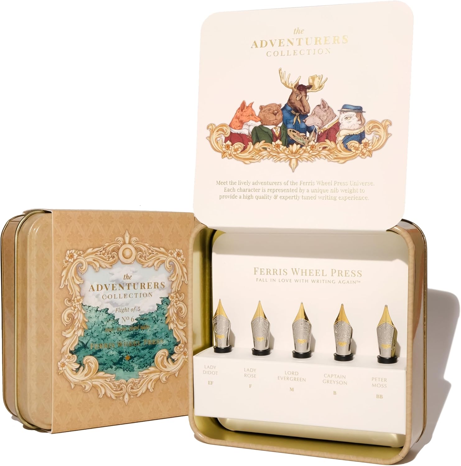 Ferris Wheel Press The Adventurers Collection, Flight of 5 No.6 Nibs, No. 6 full-sized, compatible with all FWP Marquise and Joule Founatin Pen