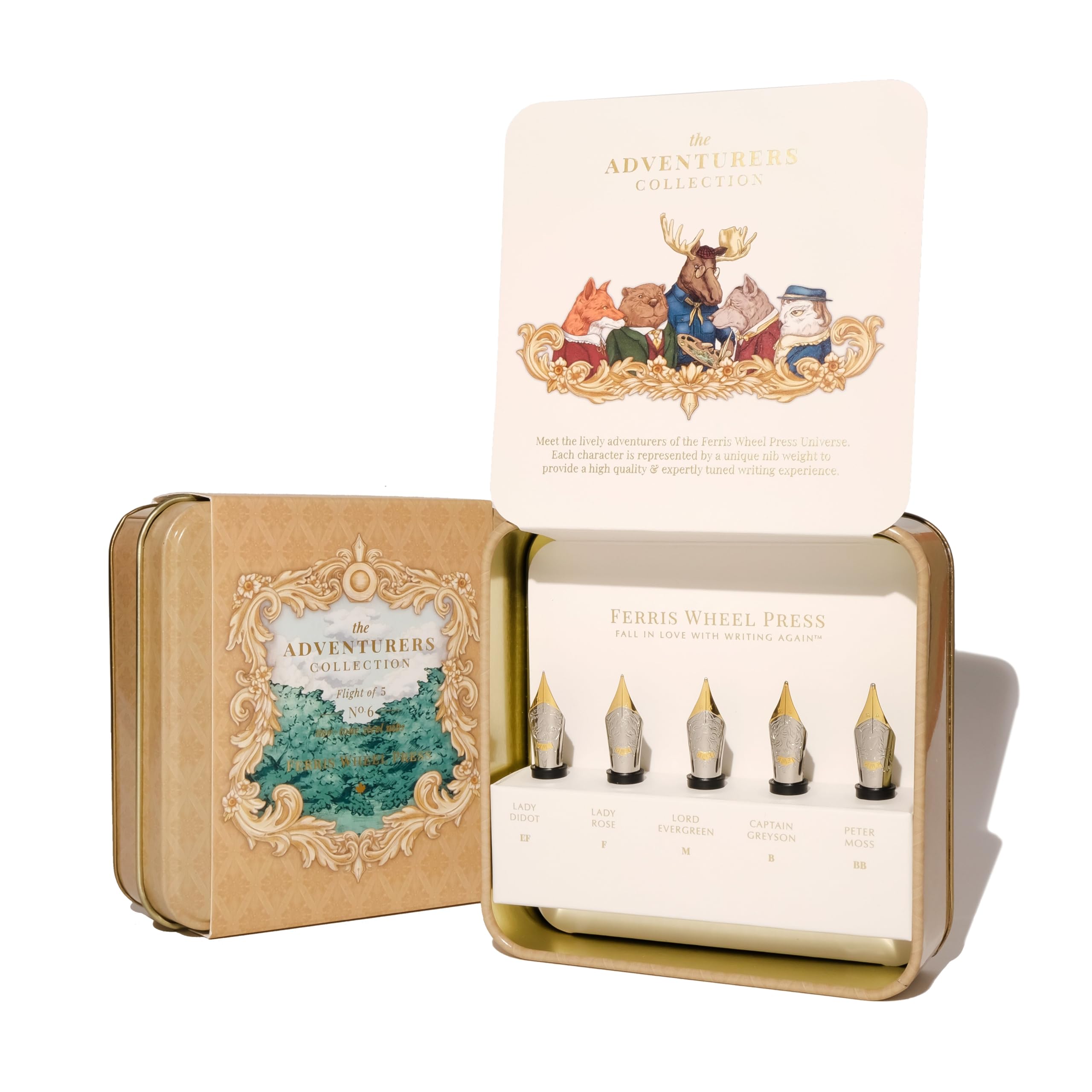 Ferris Wheel Press The Adventurers Collection, Flight of 5 No.6 Nibs, No. 6 full-sized, compatible with all FWP Marquise and Joule Founatin Pen