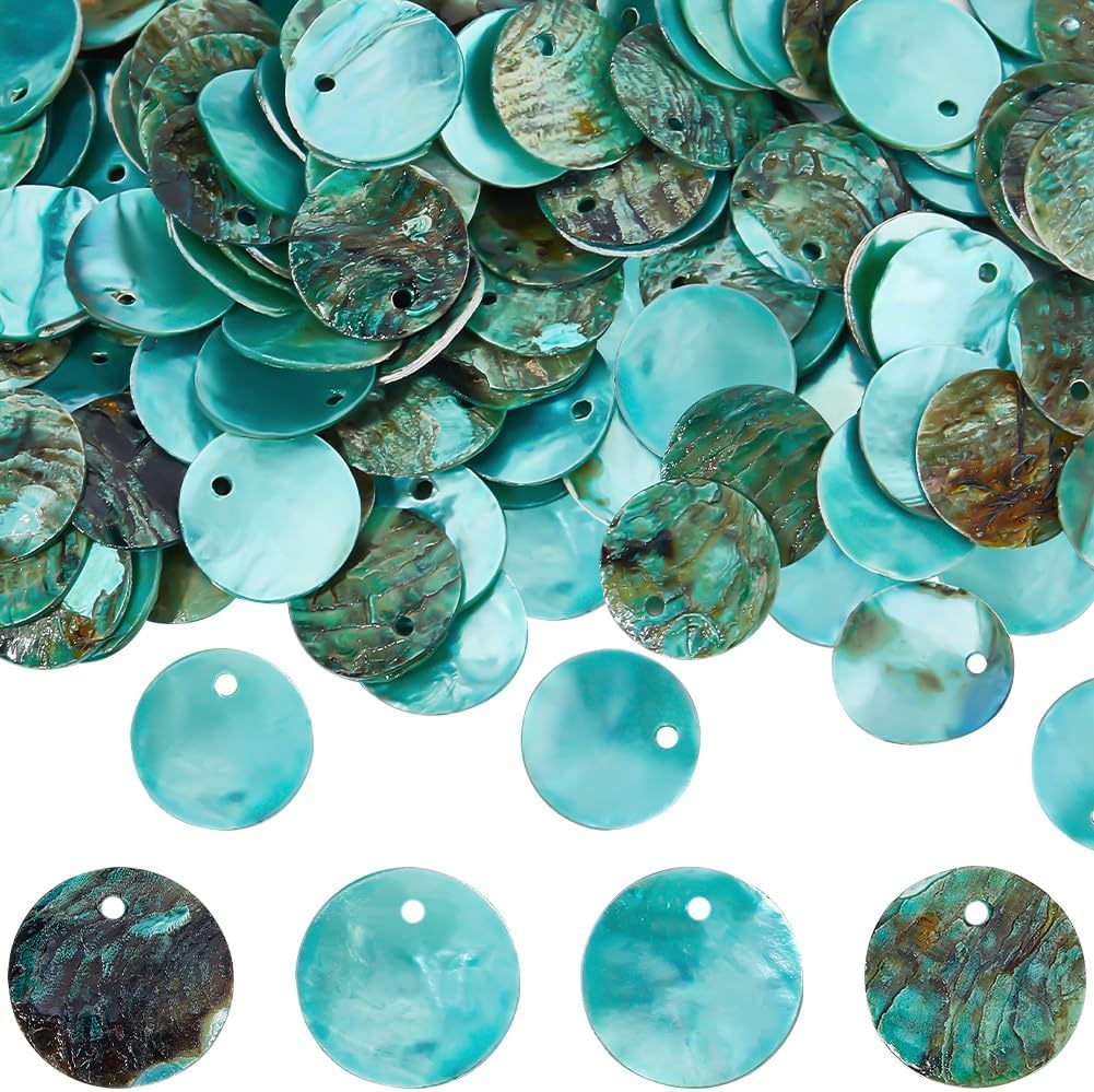 Beebeecraft 1 Box 140Pcs Sea Shell Charms 15mm Flat Round Shell Beads with Iridescent Back Disc Coin Ocean Natural Shell Charm Pendant for Jewelry Making Charms Earrings Necklaces DIY Craft Decoration