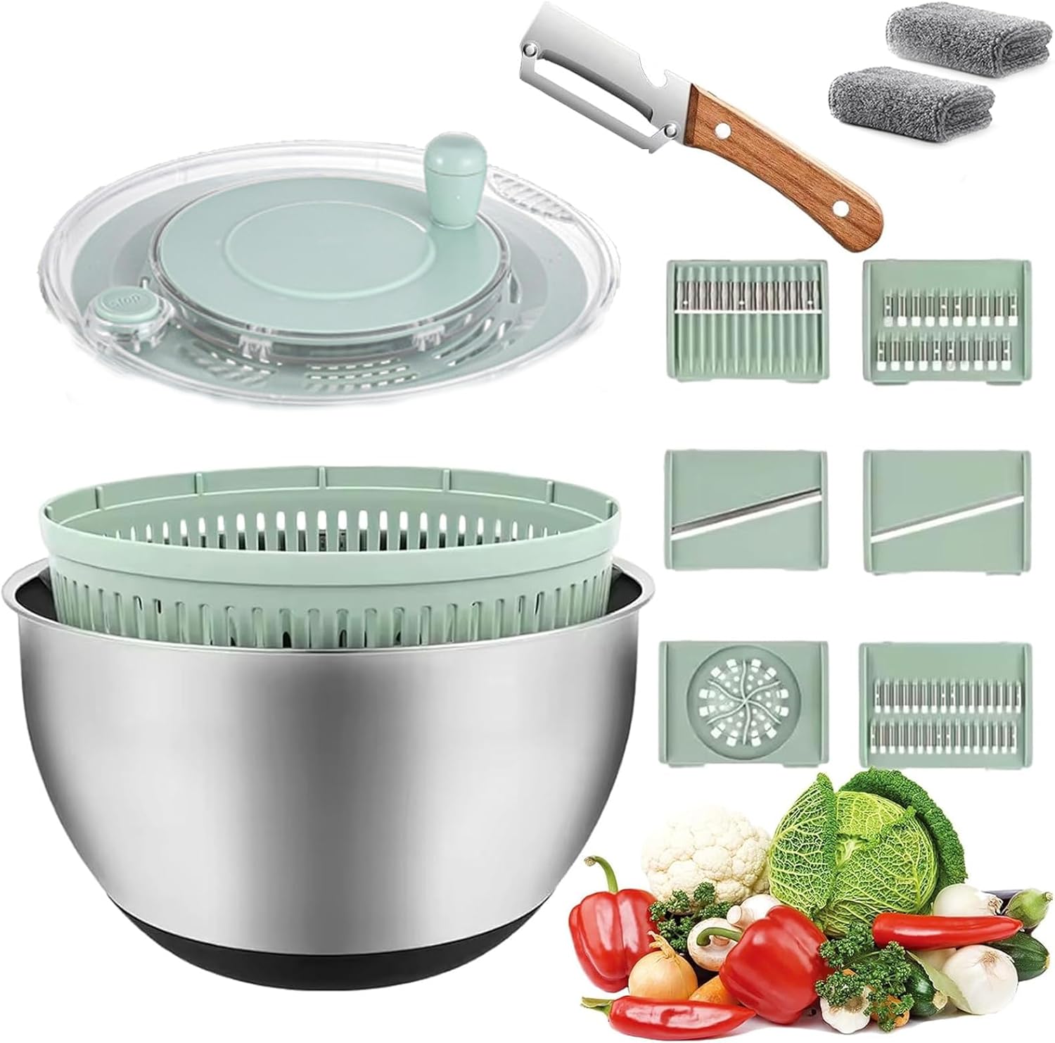 Large Capacity Multi-function Salad Spinner, 6-in-1 Salad Spinner & Vegetable Chopper, Clear Vegetables Fruits Washing Bowl with 5 Blades Slicer, One-Hand Pump Lettuce Spinner for Kitchen (1PC-C)