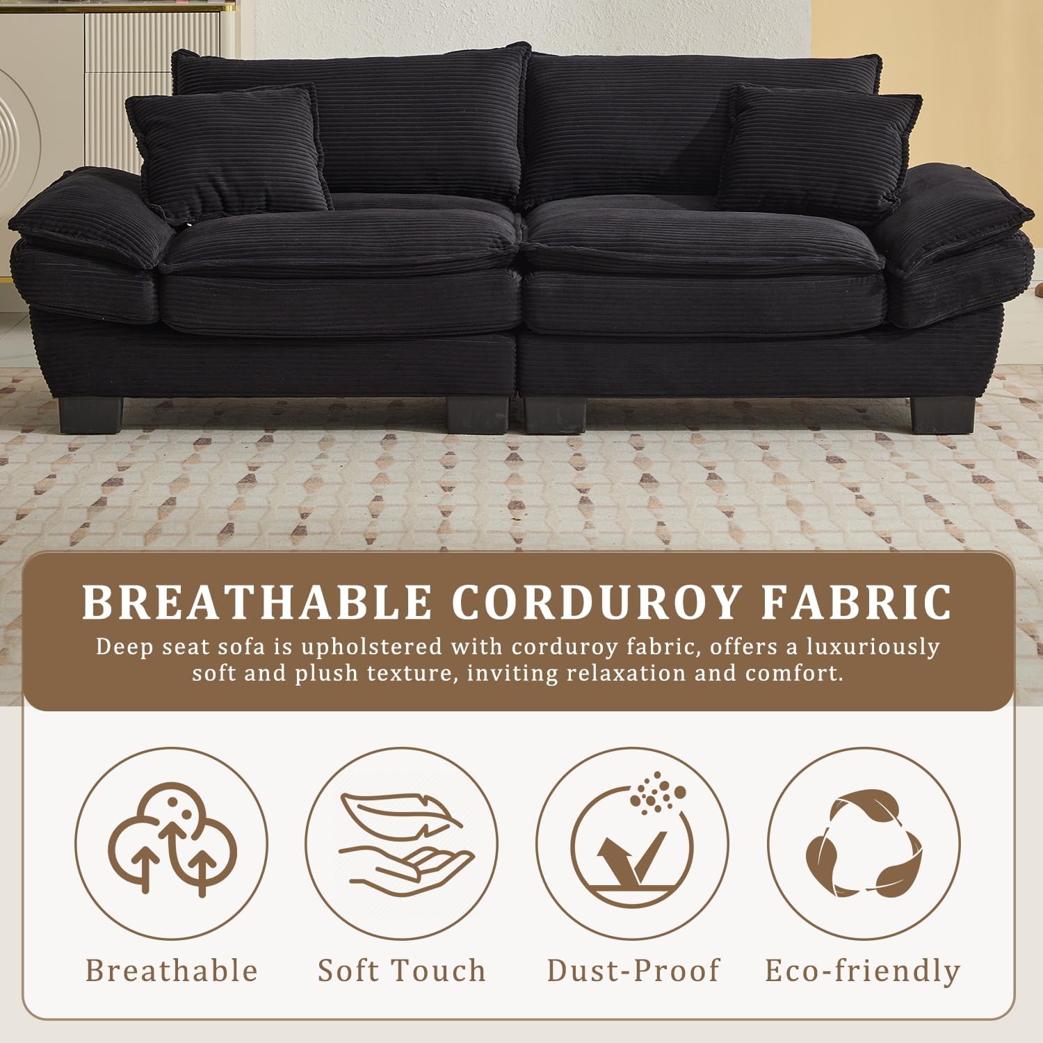 84" W Loveseat Sofa, Corduroy Sofa Sleeper Couch Loveseat Sofa with Pillows Comfy Upholstered Deep Seat Sofa for Bedroom, Living Room, Apartment, Office, Dorm (Black)