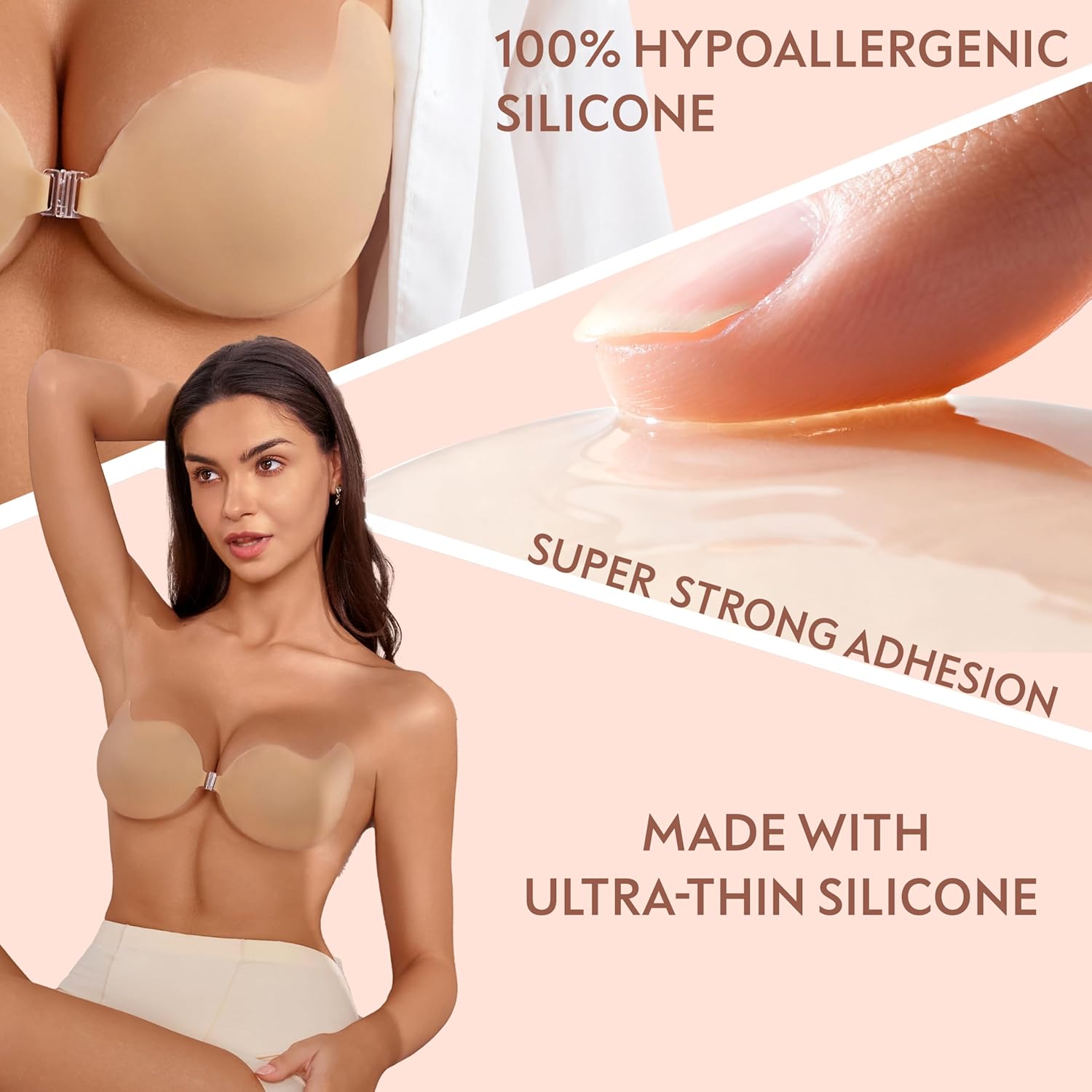 Rosefly Push Up Strapless Bra for Women, Backless Sticky Bra for Enhanced Cleavage & Deep V, Reusable AB Adhesive - Image 3