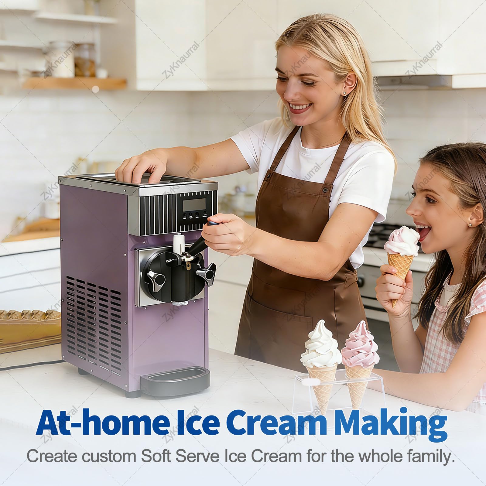 Máquina de helado, máquina de servicio suave, salida de 4-5 kg/H, tolva refrigerada de 2.5 L, tanque de congelación de 1 litro, limpieza automática, panel LCD, encimera de 450 W, color blanco