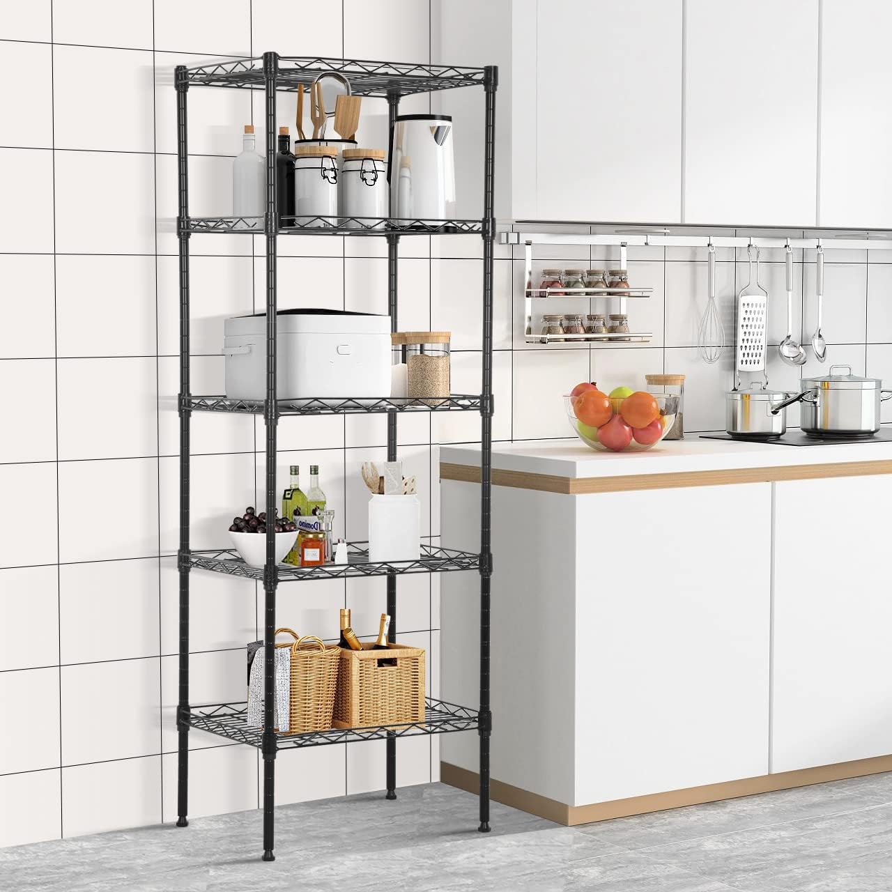 5 Tier Storage Shelves Wire Shelving Unit Adjustable Metal Shelf Heavy Duty Garage Storage Rack Wire Shelves Display Rack for Laundry Livingroom Kitchen, 16.7" L×11.8" W×47.6" H, Black