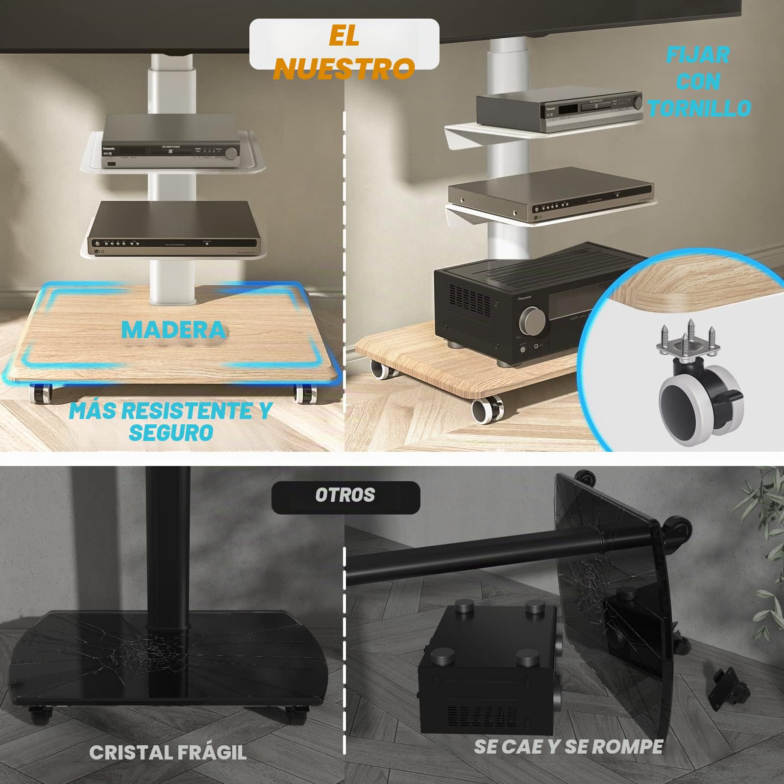 RFIVER Soporte TV con Ruedas para 26-65 Pulgadas, Pie de Suelo con 3 Baldas, Giratorio y Altura Ajustable, Hasta 35 Kg, VESA Máx 400x400mm, Blanco