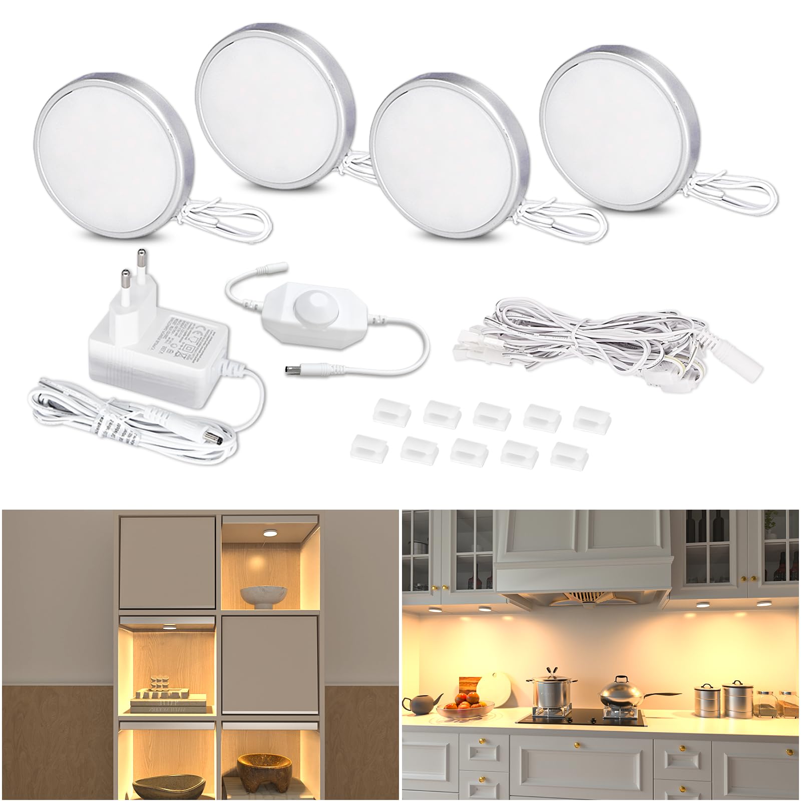 WOBANE LED Schrankbeleuchtung Dimmbar,4er Warmweiß Vitrinenbeleuchtung,Helle Unterbauleuchte für Küche,Schrank,Regale,Kleiderschrank,2700K,112 LEDs,24V
