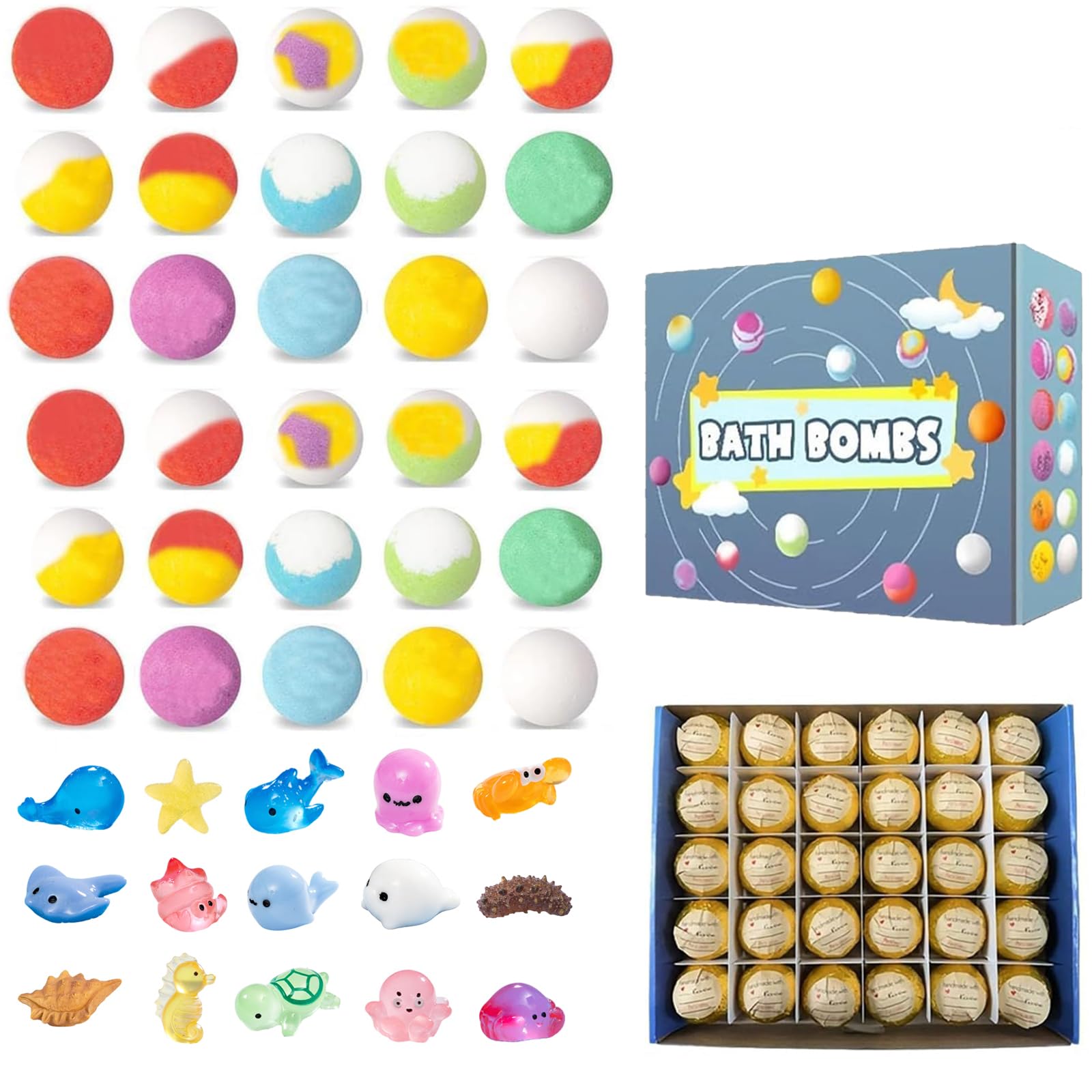 Badebomben für Kinder, 30 Stück Handgemachte Badekugeln Badebomben mit Überraschung spielzeug im Inneren, natürliche und organische Schaumbadebomben, Geschenke für Jungen und Mädchen