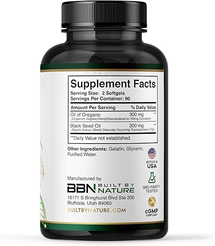 Miniatura 2 de Built by Nature Aceite de orégano con aceite de semilla negra - Cápsulas de aceite de orégano - Suplemento de apoyo inmunológico - Antioxidantes