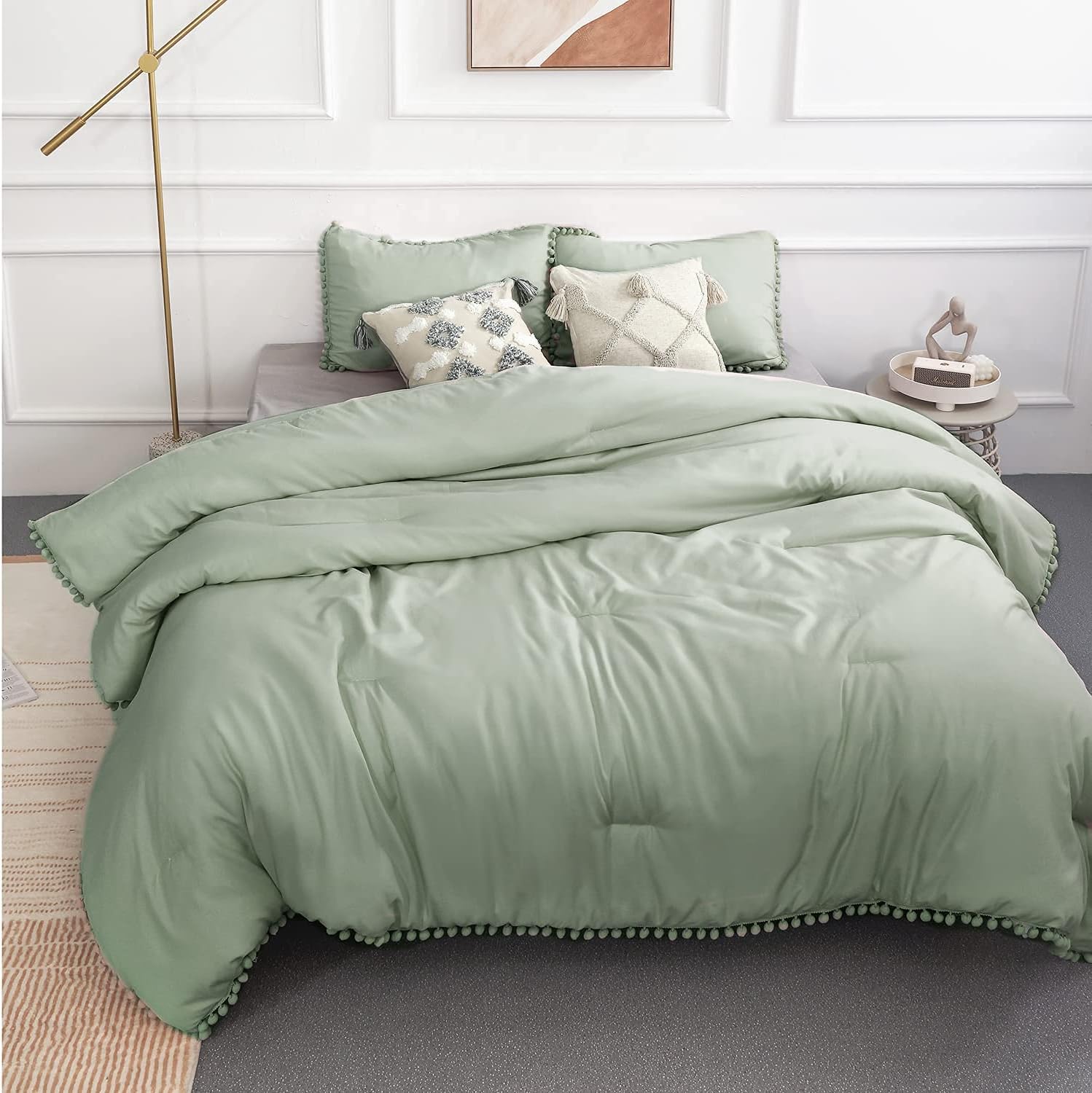 YIRDDEO Sage Green Twin Ball Pom Fringe Design Comforter Set 2pcs, Boho Aesthetic Luxurious Full Bedding Set, Vintage Ultra Soft Microfiber Comforter Set (1 Comforter, Only 1 Pillowcase) : Home & Kitchen