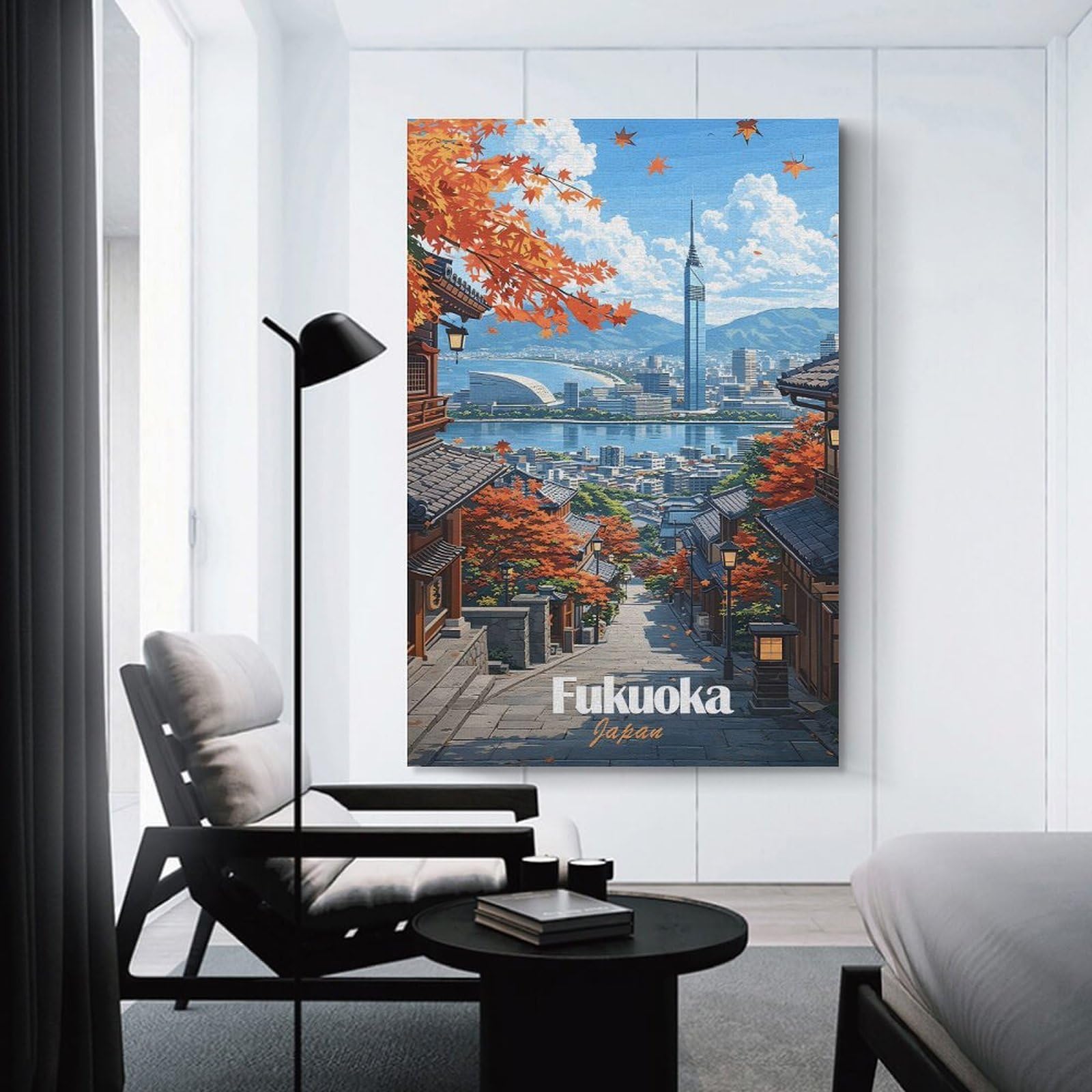 Junmoney Hanging Wall Art Fukuoka Cityscape with Autumn Leaves, 24x36inch(60x90cm), for Small Homes, Bedrooms Or Open Spaces, Wall Decor with Flexible Room Appeal