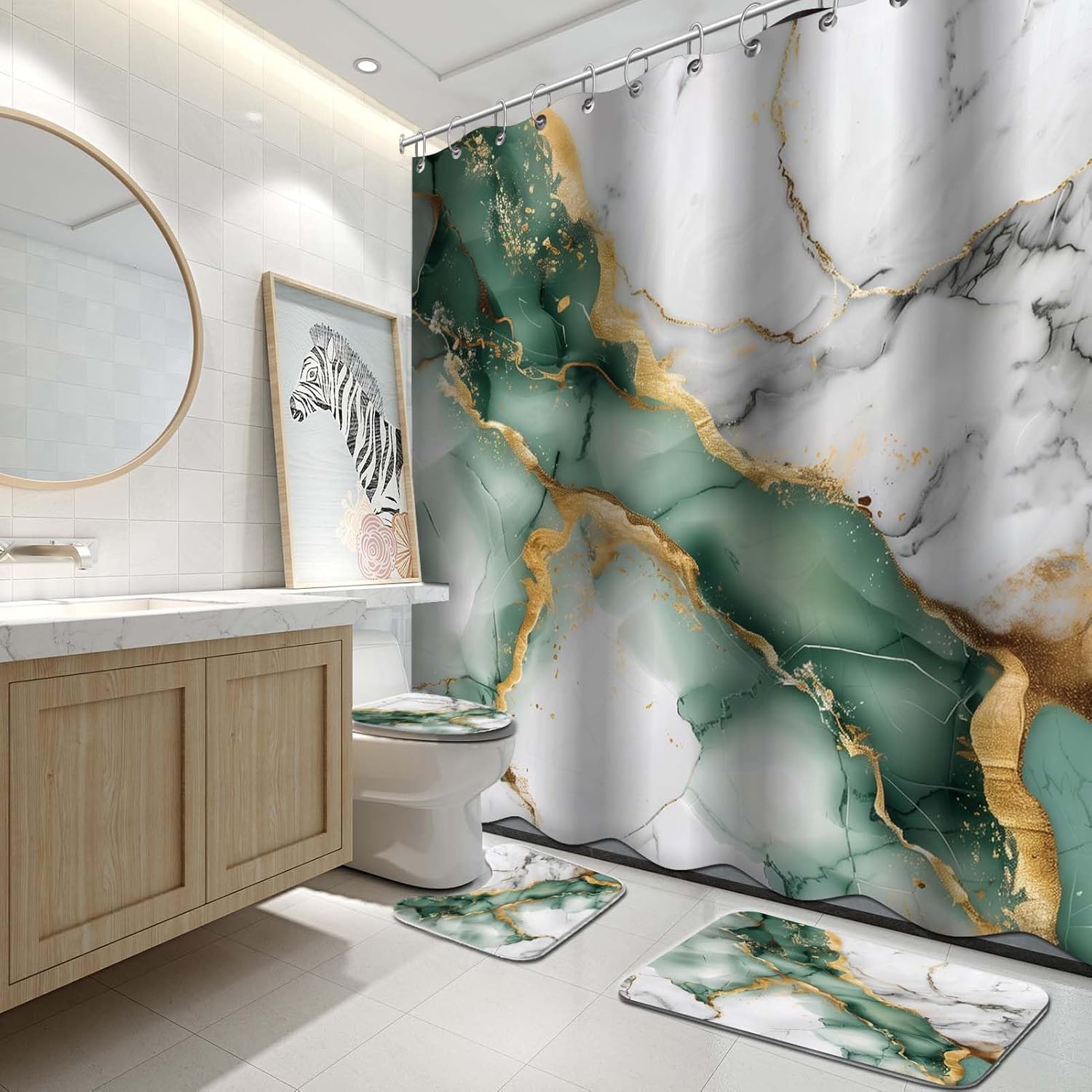 Lnond 4Pcs Bathroom Sets with Shower Curtain and Rugs, Marble Bathroom Shower Curtain Sets, Green Grey Gold Modern Art Bathroom Sets with Rugs and Accessories