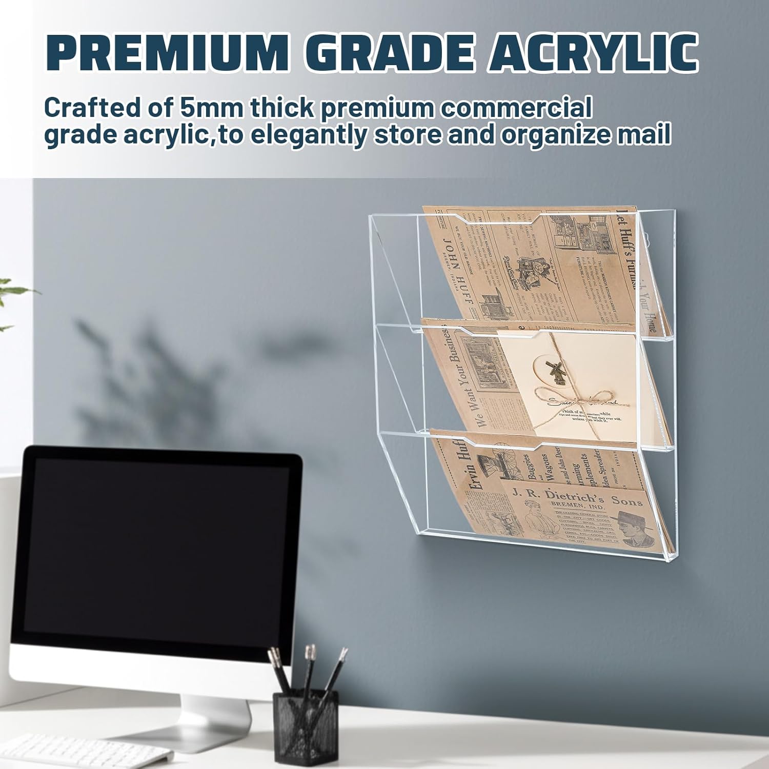 Chunful 3 Tier Mail Sorter Wall Letter Holder Clear Acrylic Wall Mounted Mail Organizer Hanging File Envelope Pocket Plastic Mount Document Holder for Home Office Entryway