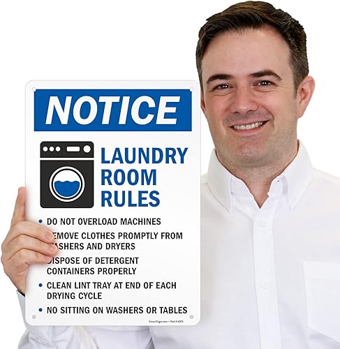 Miniatura 2 de SmartSign Letrero de metal con texto en inglés "Notice - No Overload, Remove Promptly, Dispose Detergent, Clean Lint, No Sitting", 14 x 10 pulgadas,