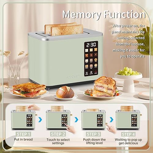 Miniatura 7 de SEEDEEM Tostadora de 2 rebanadas, pantalla de control táctil, tostadora inteligente de acero inoxidable, 6 ajustes de sombra, selección de 6 panes,