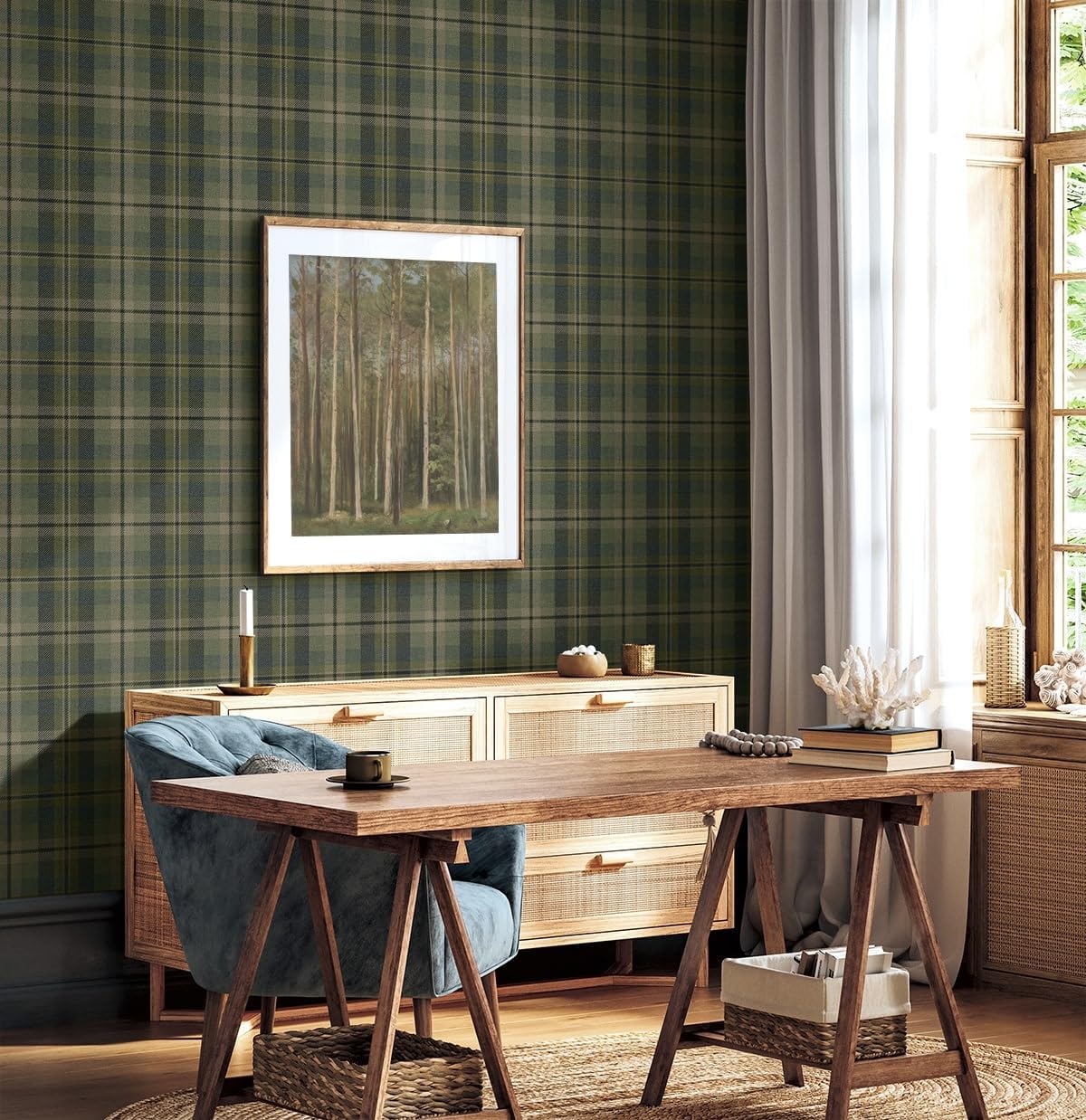 NextWall Harry & Grace Thornbury Tailored Plaid Peel and Stick Wallpaper (Greenery)