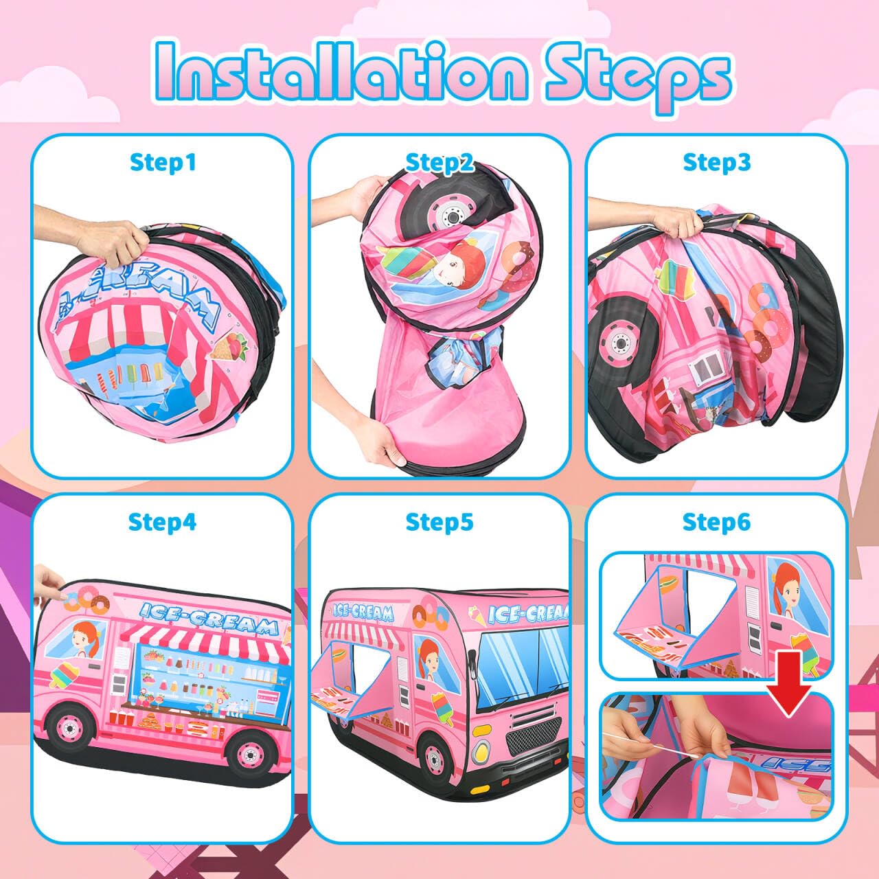 deAO Casita de Juegos Carpa Infantil Tienda con Diseño Pop Up Auto Armable Montaje Rápido Actividades Recreativas al Interior Exterior Área de Recreo (Heladería, Camión de los Helados)