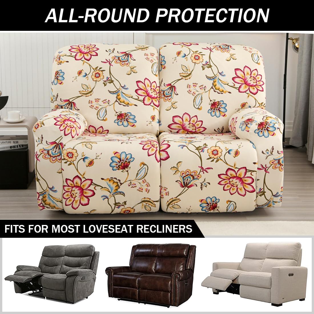 Stretch Loveseat Recliner Covers, 6-Piece Soft Spandex Recliner Slipcover Print Recliner Sofa Covers Furniture Protector with Pocket (Flower01, Recliner Loveseat)