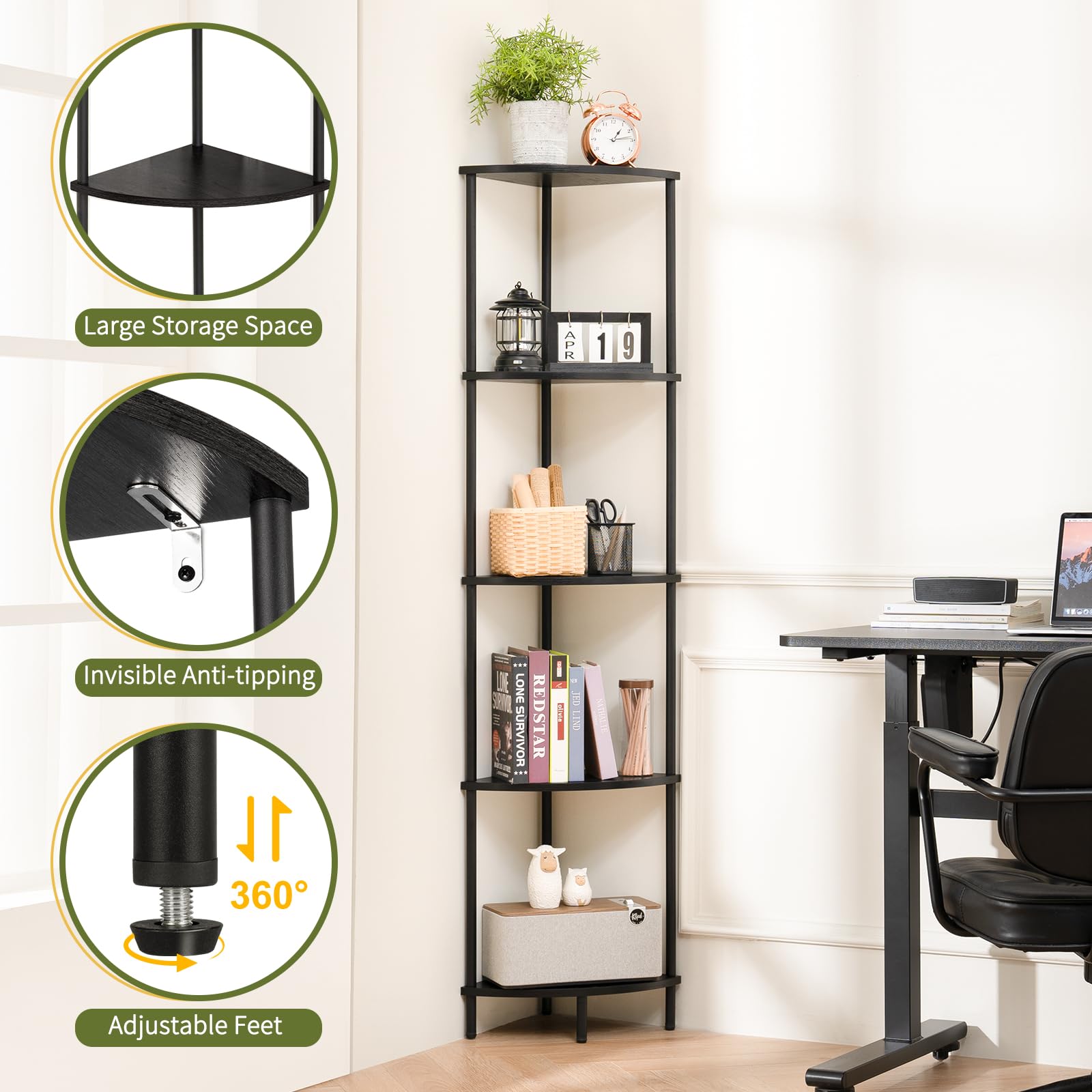 Snapklik.com : Yoobure Corner Shelf Stand, 5-Tier Bookshelf, 65" Tall ...
