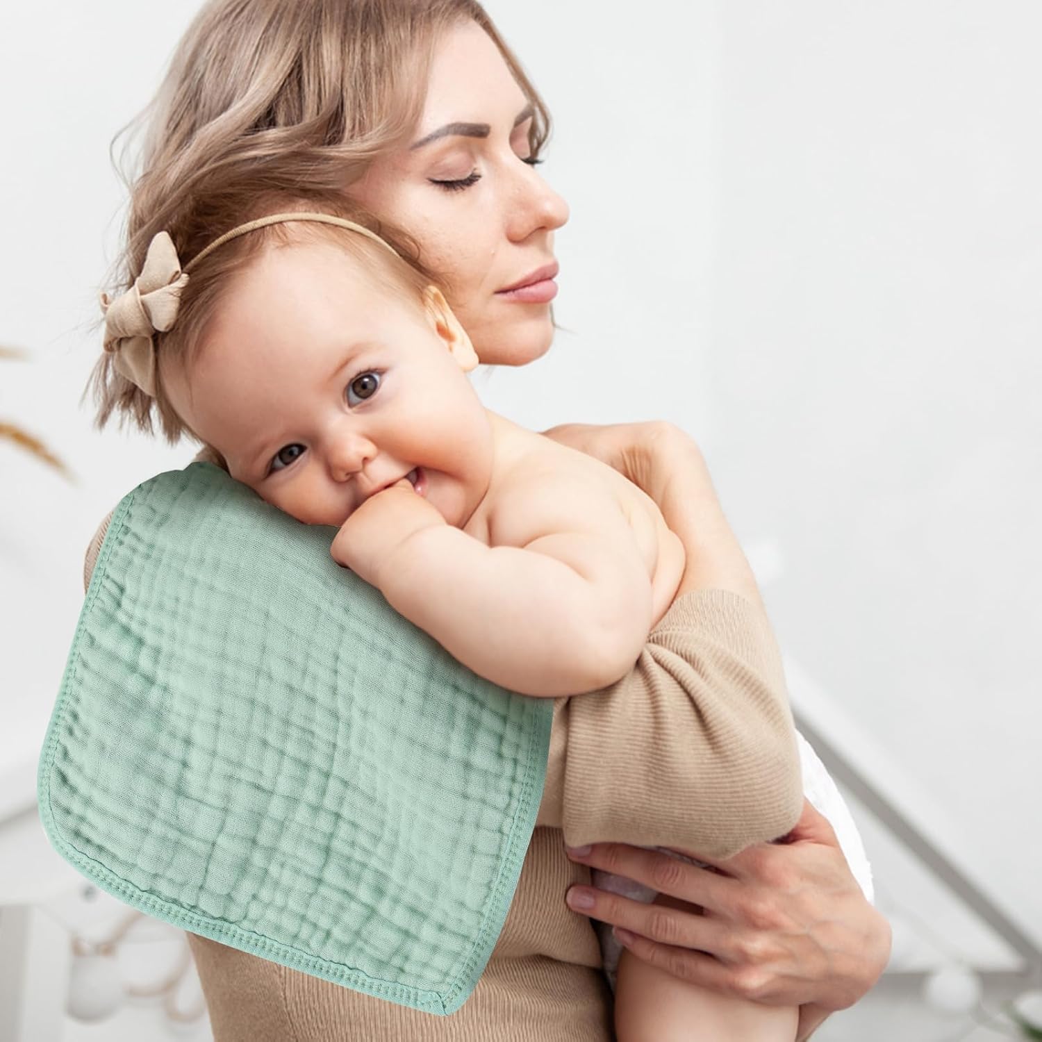 Baby Burp Cloth 100% Cotton Newborn Cotton Muslin Burp Cloth 10x20 inches (White & Green 6 Pieces) - Image 6