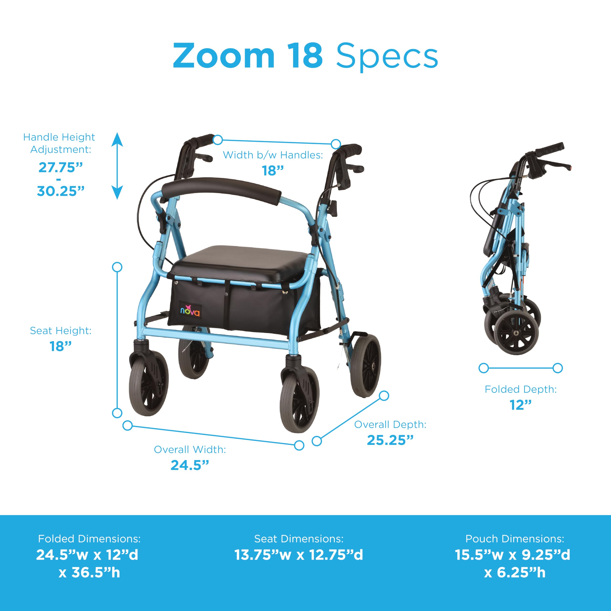 Amazon.com: NOVA Zoom 18 Rollator Walker for Seniors, Rolling