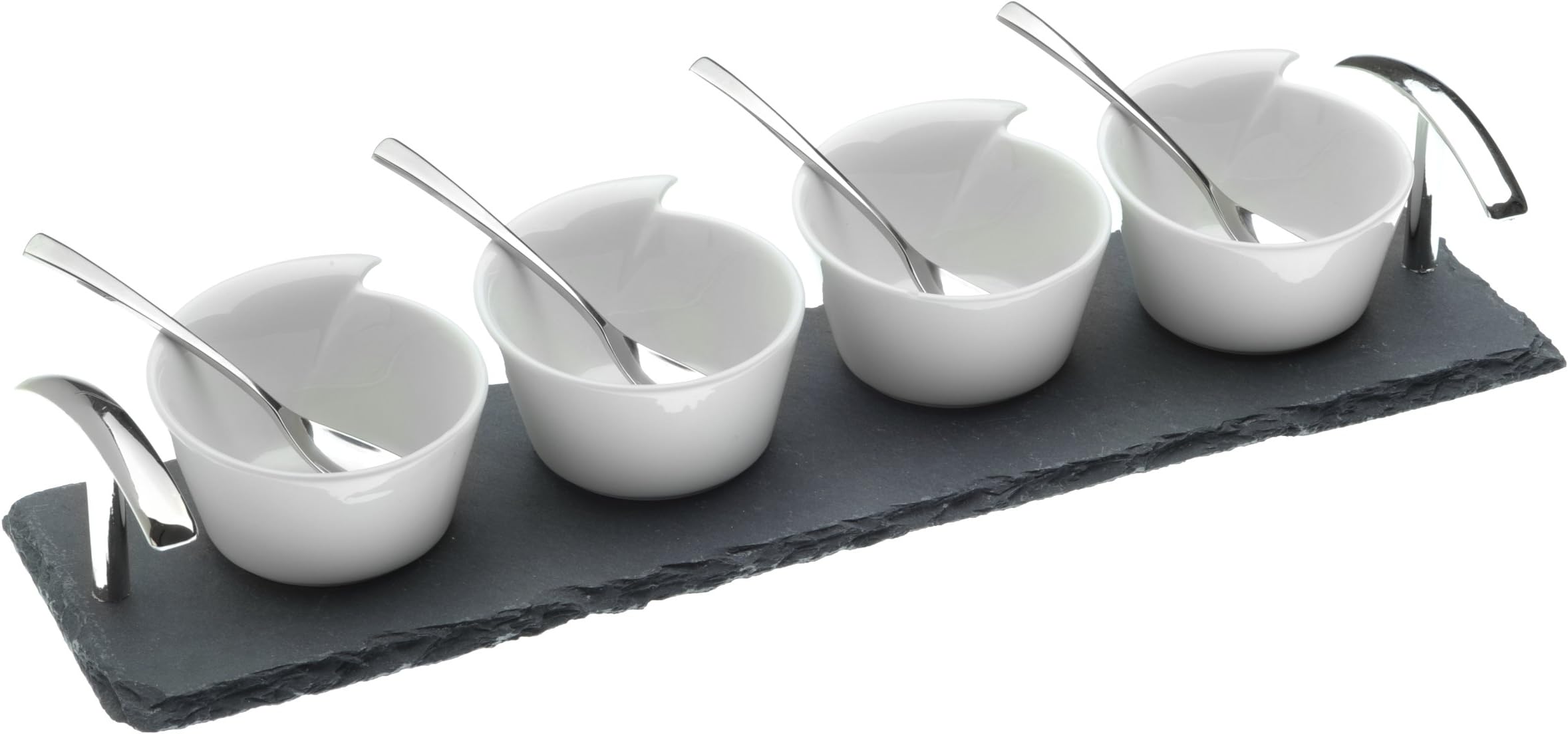 Arthur Price Ceramic Bowls and Spoons on a Slate Base, Set of 4
