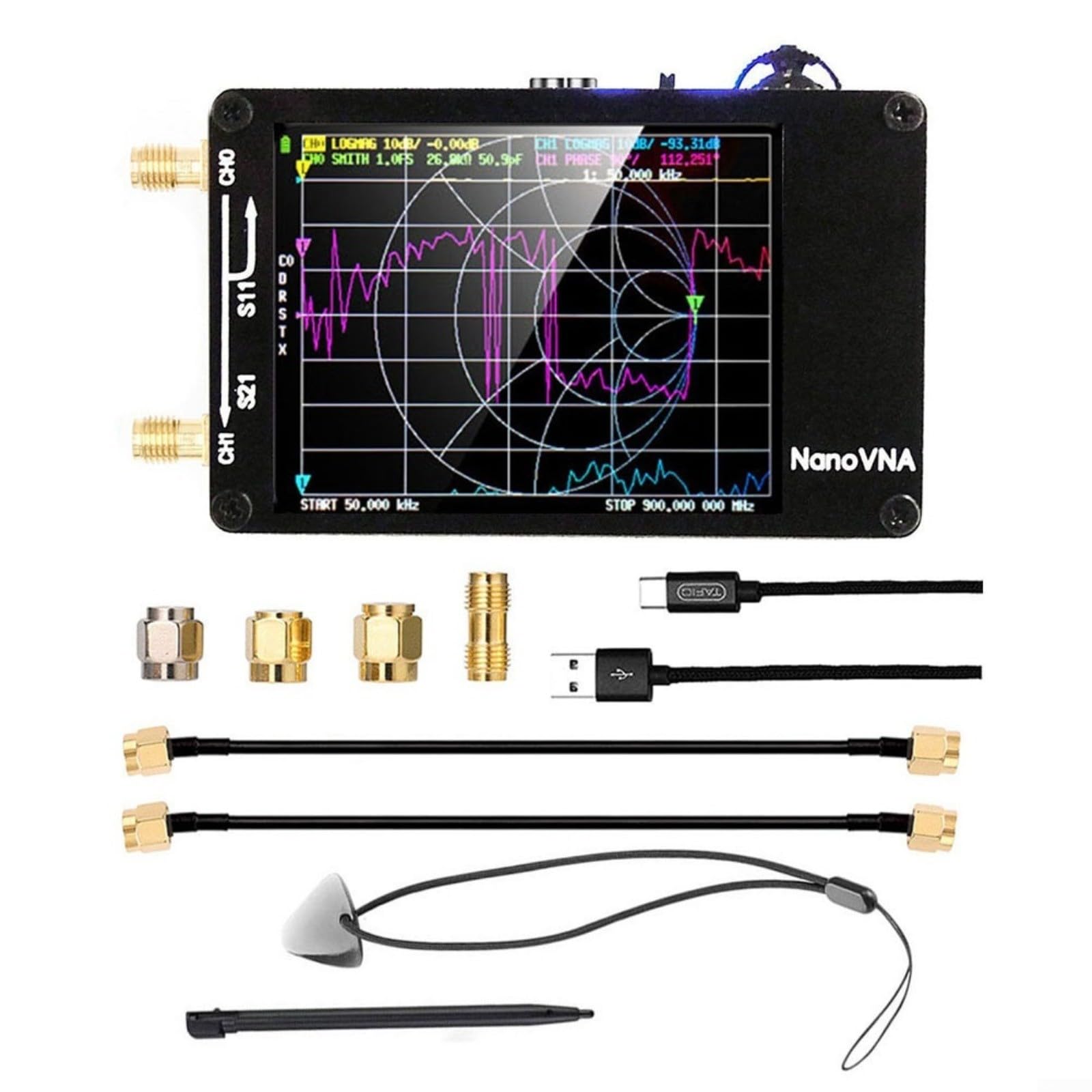 Analizzatore di antenna di rete vettoriale, per NanoVNA-PCB 50kHz a 15GHz HF VHF UHF Tester con per slot MICROSD e porta di tipo C nero, per tecnici