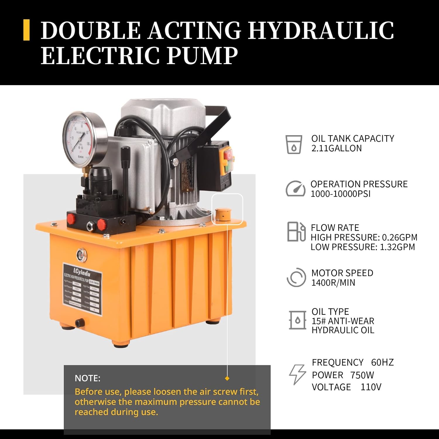 750W 10000 PSI 110V,8L/2.1Gallon Electric Driven Hydraulic Pump Power Pack Unit,2 Speed 8.4Quart Double Acting Manual Valve Hydraulic Electric Pump for Punching,Bending,Double Acting Cylinders