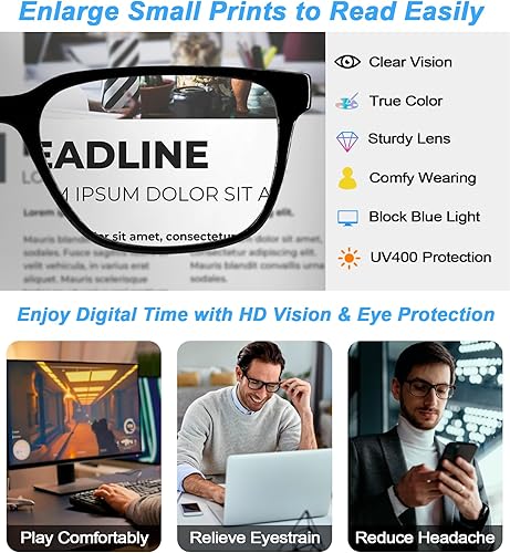 Miniatura 4 de Lentes de lectura ligeros con filtro de luz azul para hombre, de 2.75 pulgadas, para computadora y videojuegos, 100, 125, 150, 175, 200, 225, 250,