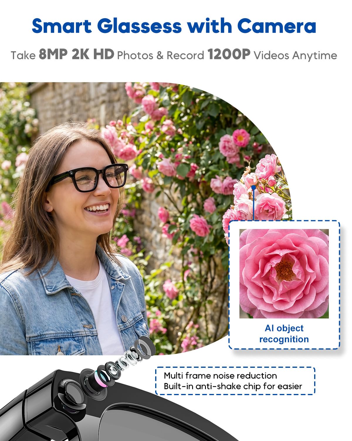 Gafas Inteligentes con Cámara y Bluetooth, 8 Mpx, HD 1200p | con Funciones de Grabación de Fotos, Vídeo y Audio, Traducción en Tiempo Real, Asistente de Voz y Reconocimiento de Objetos