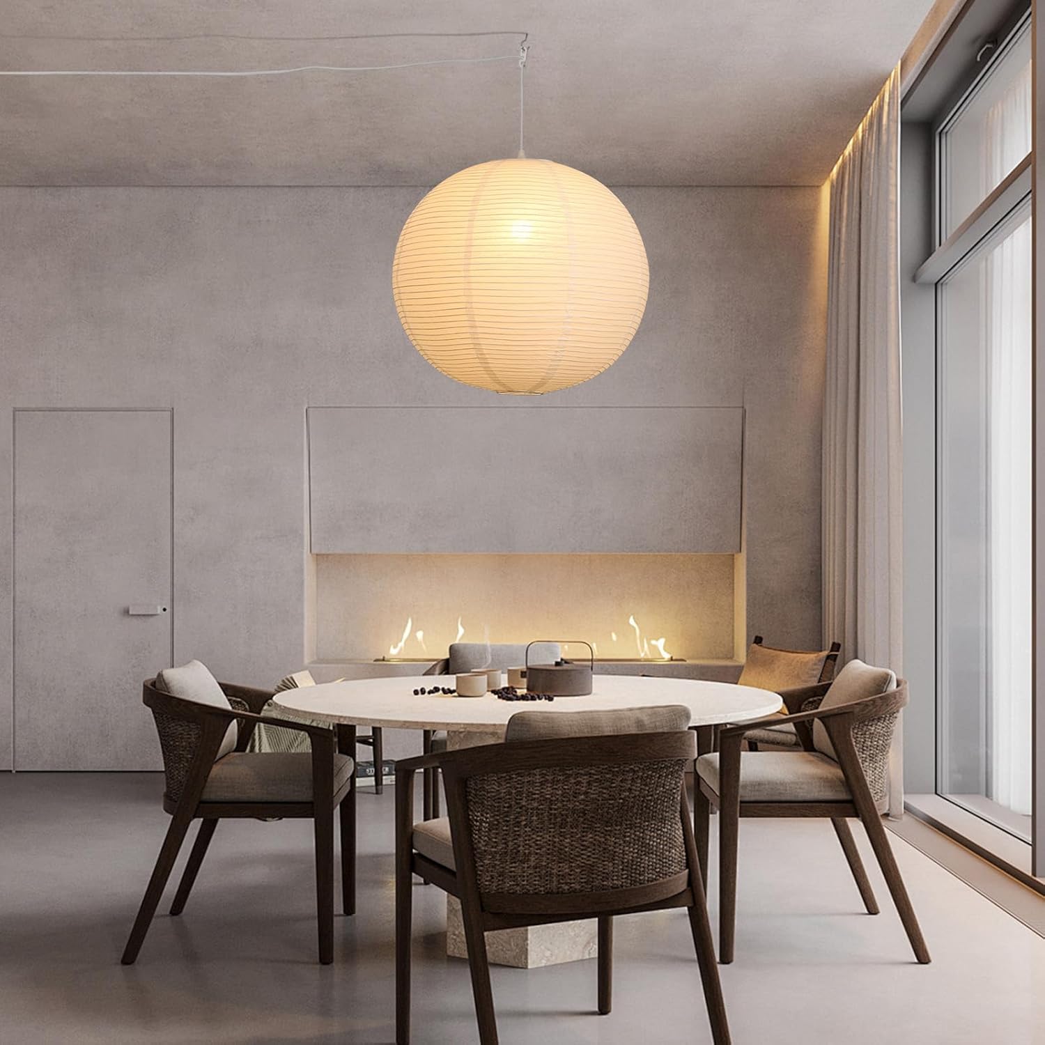 Paper Lantern Lamp Plug in Hanging Lamp, 20in White Rice Paper Pendant Light with 19.7FT Cord Large Globe Japanese Japandi Wabi Sabi Chandelier for Dining Living Room Bedroom Office 1 Pack