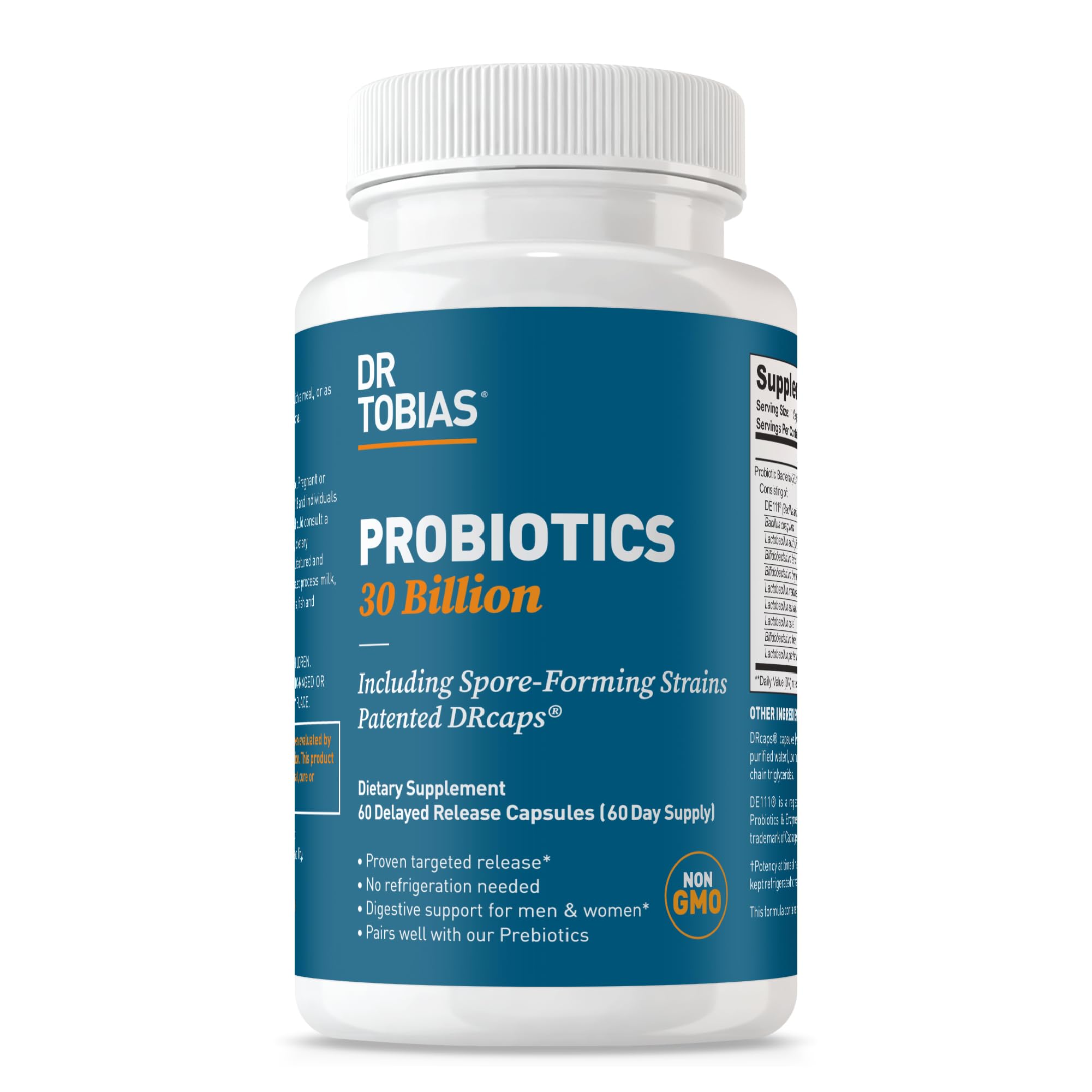 Dr. Tobias Probiotics 30 Billion CFU 60 Capsules | Gut Health Support 60 Count (Pack of 1)