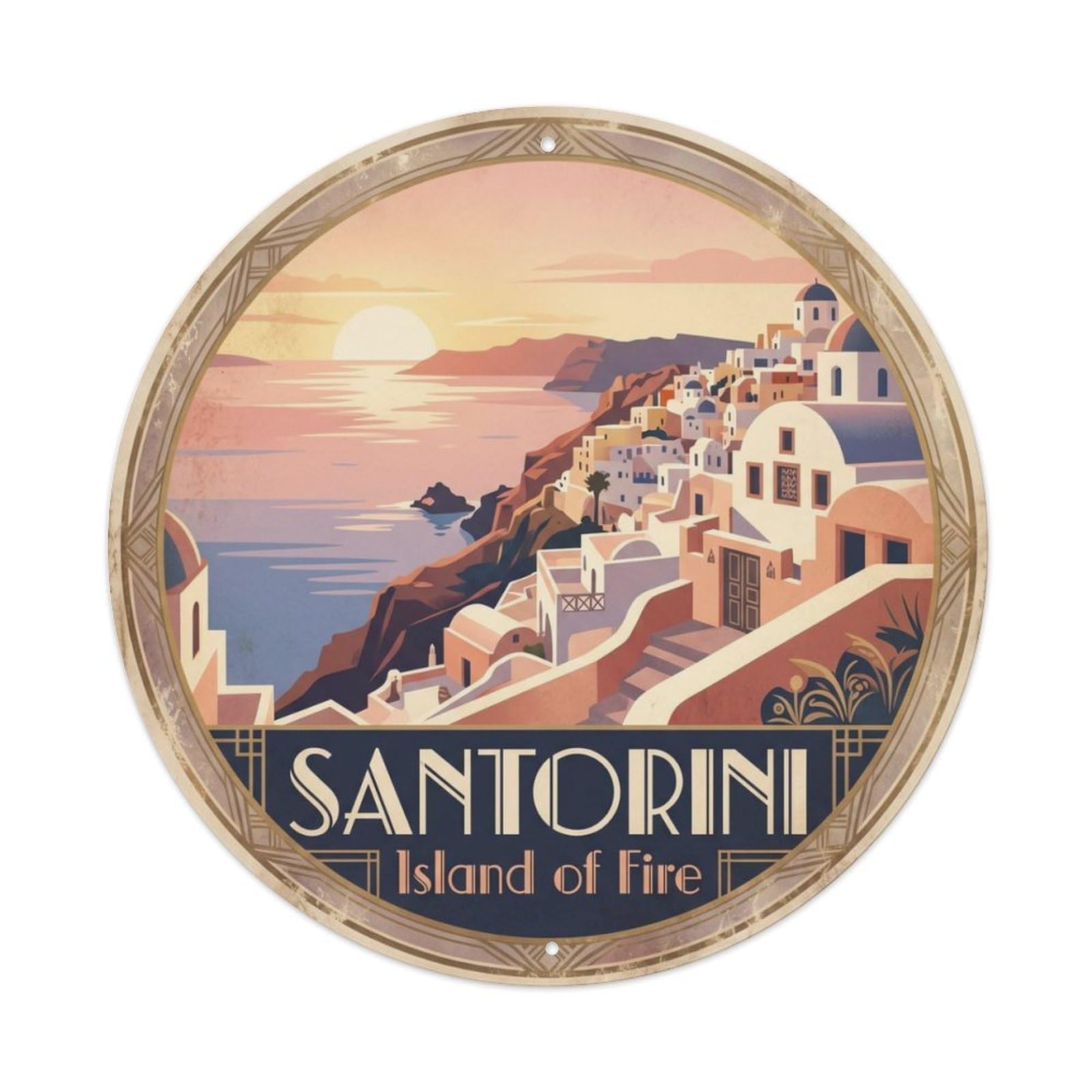 Vintage Travel Oia Sunset Santorini Metal Tin Sign Plaque Wall Decor for Cafe, Club Bar, Office, Home Garden Round Metal Poster 8x8Inch