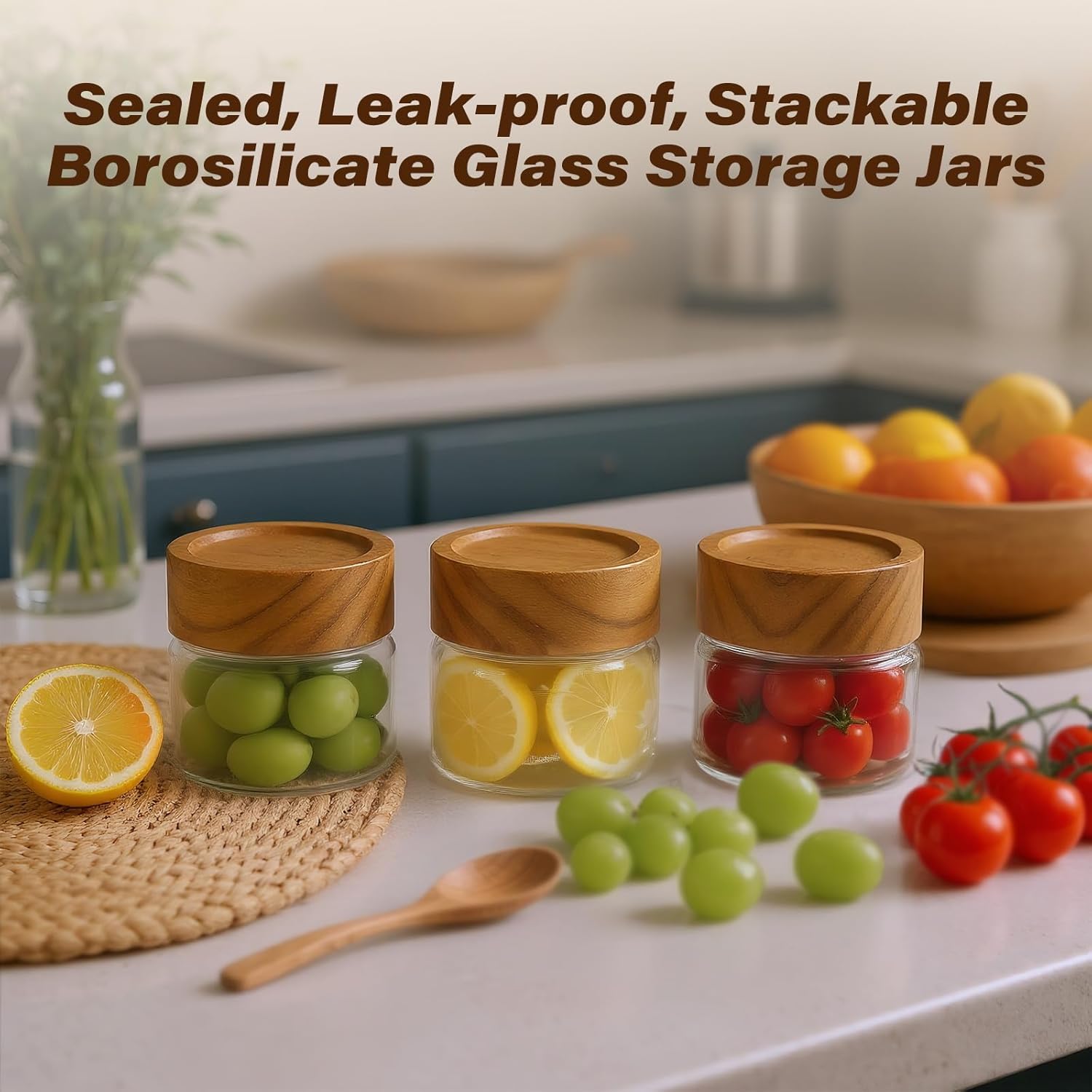 6-Pack 4 fl oz Stackable Airtight Glass Canisters with Acacia Lids - Small Mason Jars for Overnight Oats, Spice Storage, Herb Keepers, Pantry Organization and Dry Food Storage - Image 3