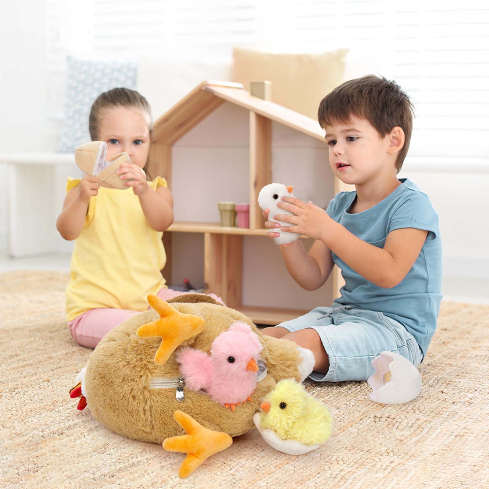 MorisMos Peluche a forma di gallina, 36 cm, con pulcini coccolosi all'interno, peluche a forma di gallina che giace a uova, peluche Kawaii soffice, regalo per bambini, decorazione di compleanno