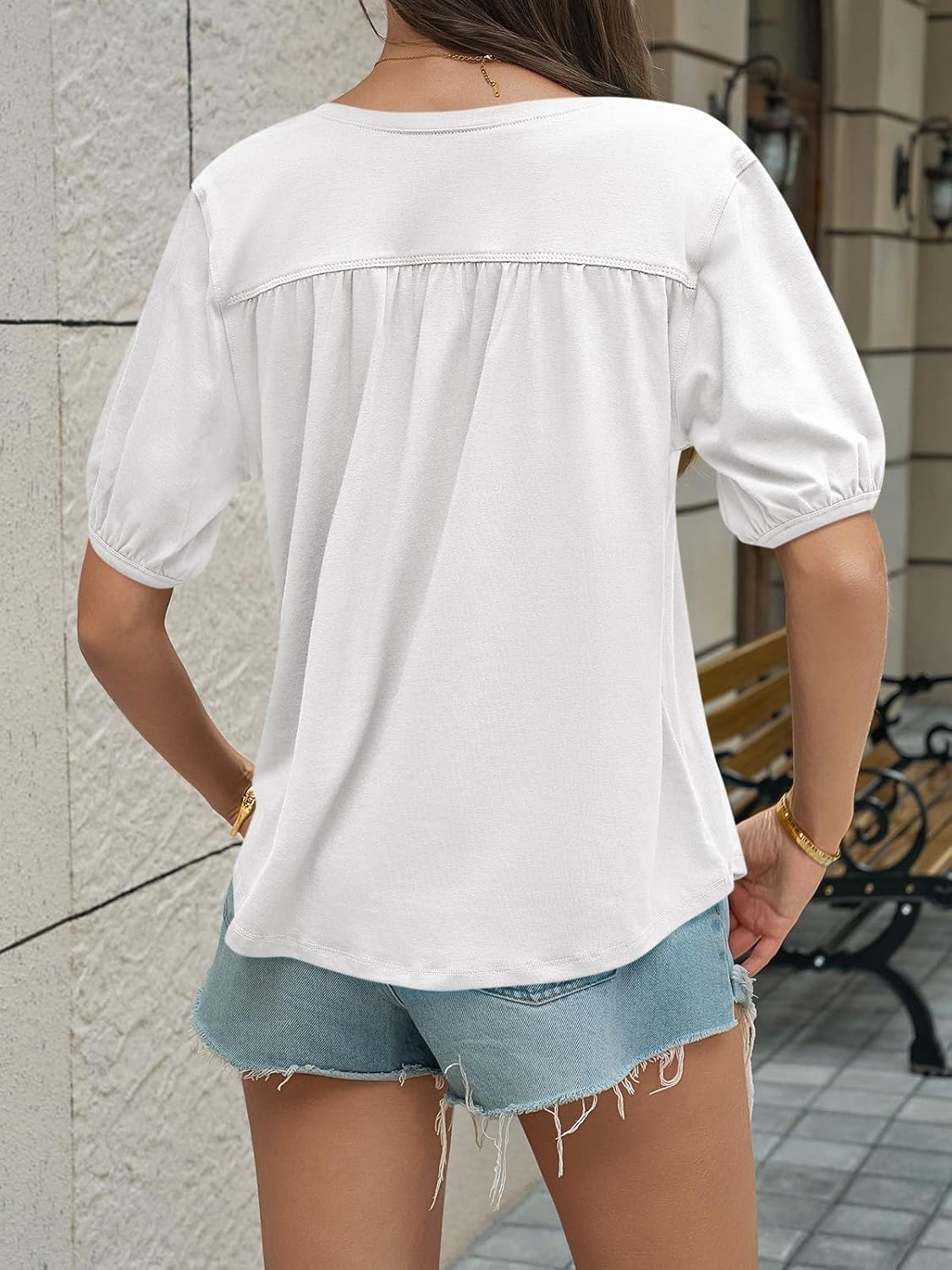 Cicy Bell Womens Puff Short Sleeve T-Shirts V Neck Summer Casual Pleated Tops Loose Fit Curved Hem Tees - Image 6