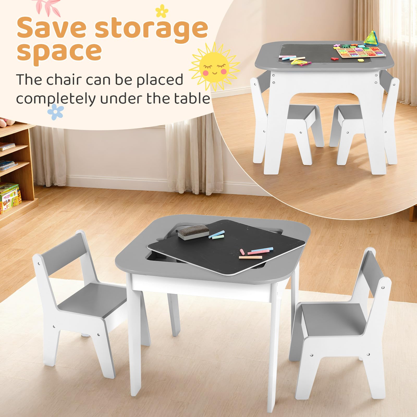 Clevich Kinder Tisch Stuhl Set, Kindersitzgarnitur, Stauraum, mit 2 PCS Stühlen, Kindersitzgruppe, Doppelseitiger Maltisch & Bauplatte, Packung mit 2 Stühlen, Kindermöbel für Kinderzimmer, Grau
