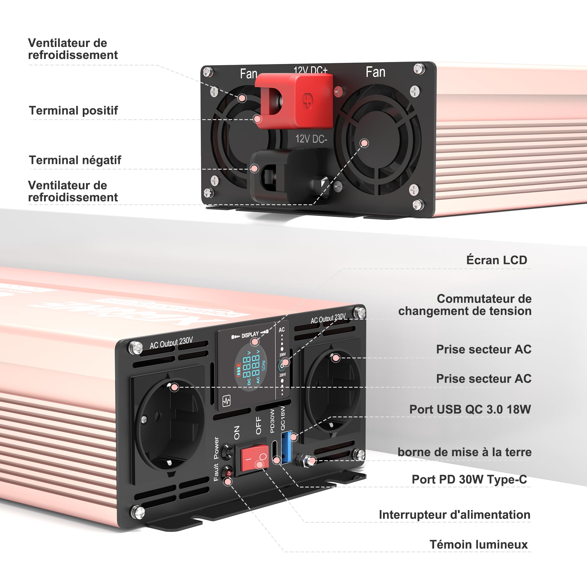 XWJNE 3000W Convertisseur 12V 220V Pur Sinus Transformateur, Onduleur avec 2 Prises UE, 1 USB-A, 1 USB-C, Écran LCD et Télécommande, Convertisseur de Tension pour Voiture, Camping, Voyage, Caravane