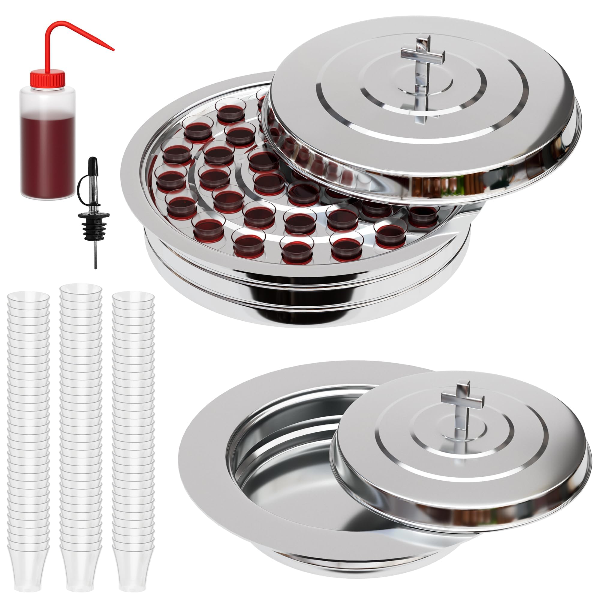 Kommunion-Set mit Deckeln – Edelstahl, 40er Tablett, 100 Becher,Silbern