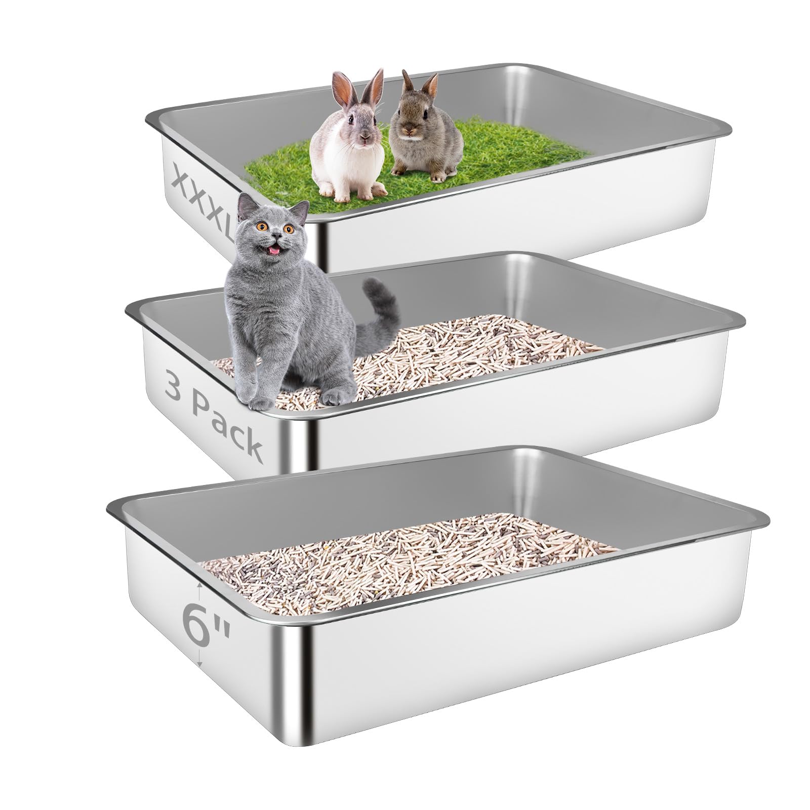 Stainless Steel Litter Box, 3 Pack 27.6"x19.7"x5.9" XXXL Metal High Sided Cat Litter Pan, Extra Large Stainless Steel Box Splash-Proof and Non-Stick Cat Poop Box odorless