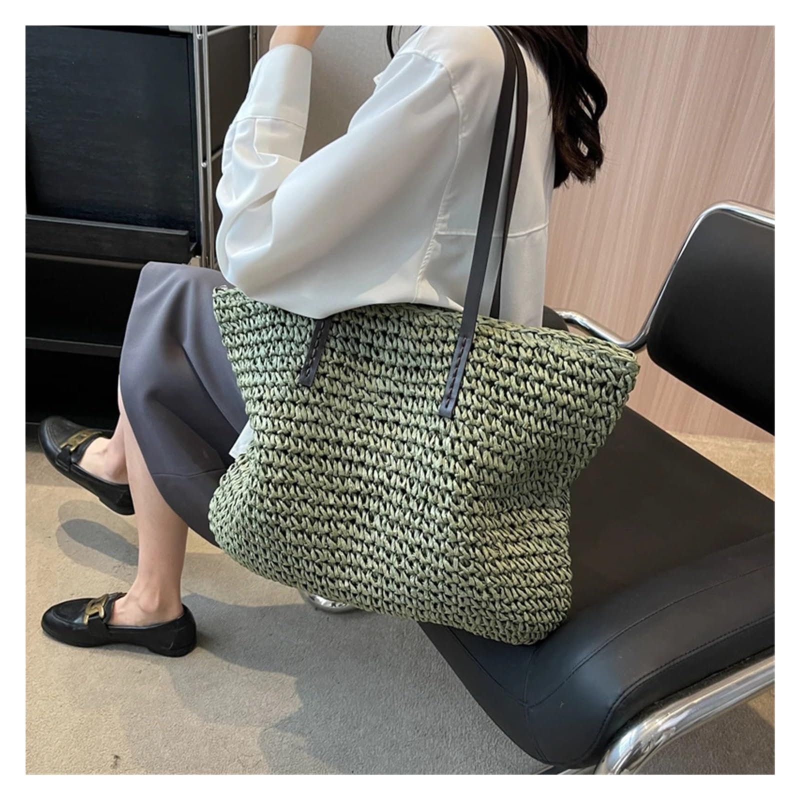 Bolsas tejidas de paja para mujer, gran capacidad, bolsa de playa, color puro, bolsa de compras grande de verano