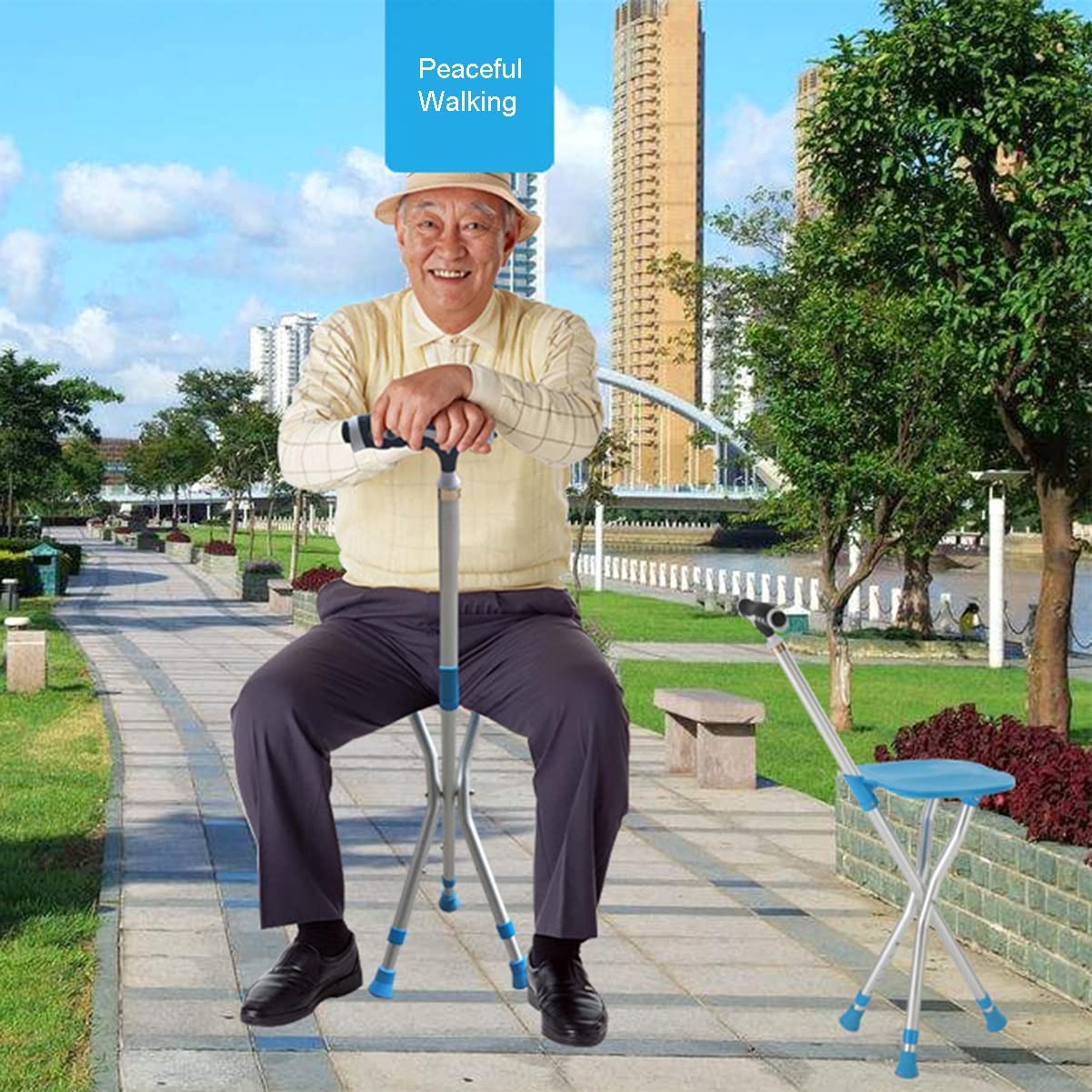 GX Asiento de bastón plegable, silla de muleta ajustable en altura con luz LED, asiento de bastón de aleación de aluminio antideslizante, para personas mayores, discapacitados al aire libre, de espera