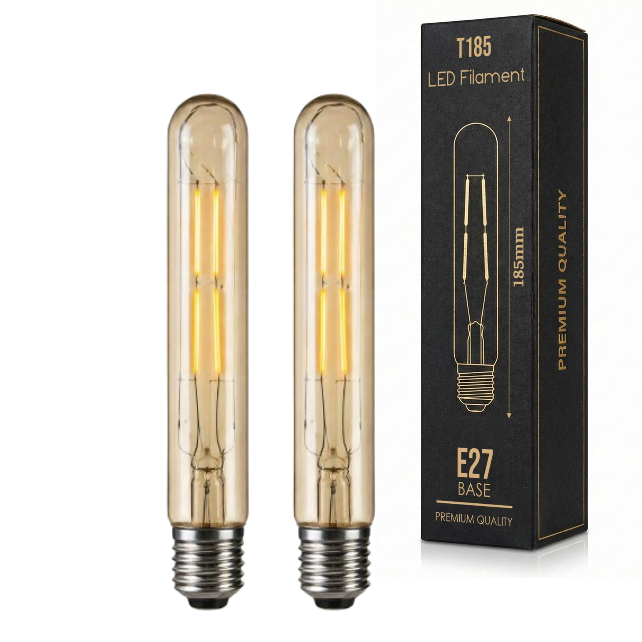LEDSone LED E27 Edison Light Bulb, T185 4W (40W Equivalent) DIMMABLE LED Filament Warm White 2700K Amber 450LM | Vintage Style185mm Tubular Screw Energy Saving Light Bulb (Pack 2)