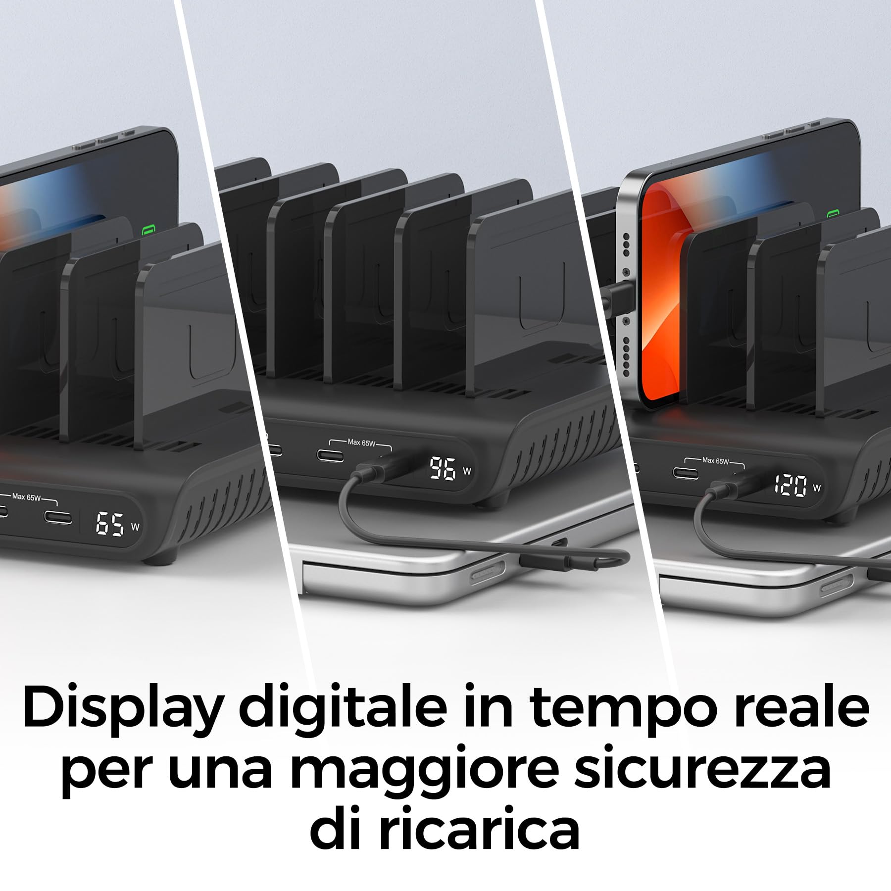Alxum Stazione di Ricarica USB 10 Porte 120W, Caricatore Multiplo con Display LED, 8 Porte USB-C e 2 USB-A, Porta PD 65W e QC 3.0 Ricarica Rapida per iPhone, iPad, Tablet, Laptop, Ufficio, Scuola
