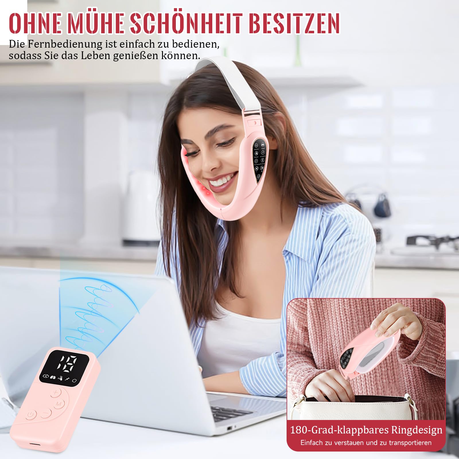 Elektrisches V-Face Shaping Massager,doppelkinn entferner 15 Intensitätsstufen 5 EMS Modi 5 Farben Phototherapie Gesichtsmassagegerät Gegen Falten Face Massager mit Fernbedienung, Typ-C