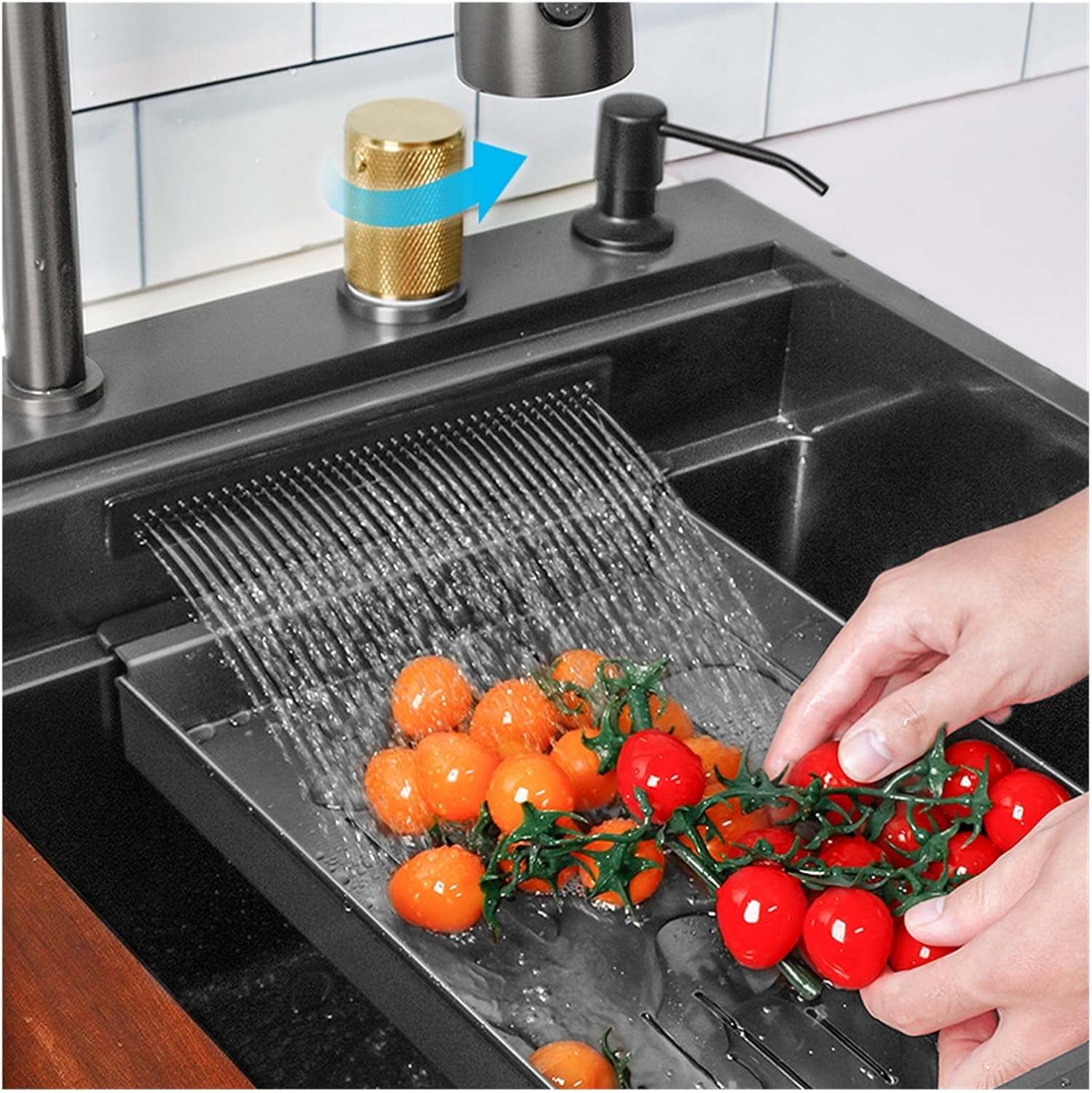 Kitchen Sink Nanometer 304 Stainless Steel Large Single Slot Above Counter Basin Waterfall Faucet Drainage Rack Cutting Board(86x52cm-T2-SA)