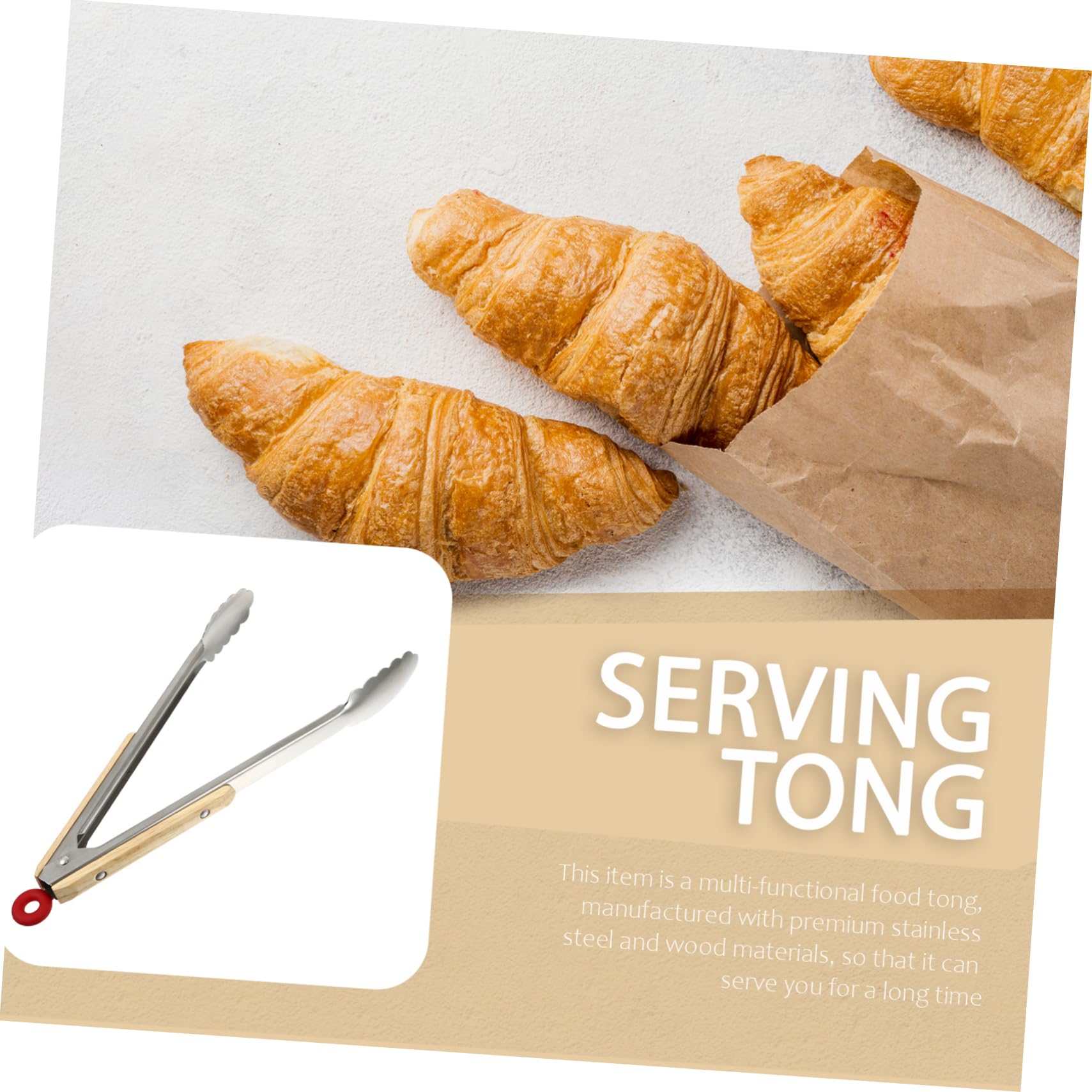 Cabilock 1Pc Stainless Steel Bread Tongs with Wooden Handle Heat Resistant Serving Utensil for Barbecue Baking and Daily Use Home Restaurant Kitchen Tool for Bread Biscuits and More
