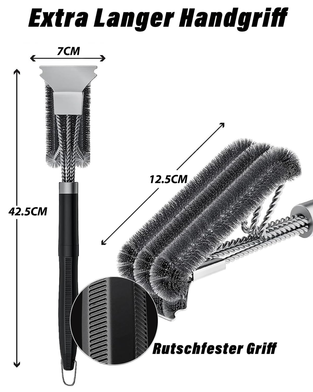 LUPO Spazzola Per Barbecue In Acciaio Inox - Pulizia Griglia Professionale Con Setole A Tre Lati E Manico Antiscivolo Lungo 30 Cm