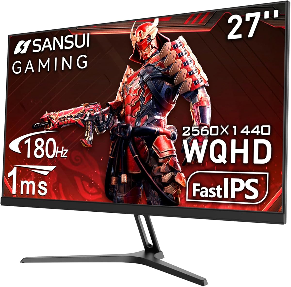 SANSUI 27 Inch WQHD 2560 x 1440 IPS Gaming Monitor, 180Hz 1ms Computer Monitor, DP 1.2 x2 | HDMI 2.0 x2 | VESA Mount, 120% sRGB HDR Eye Care Metal Stand (DP Cable Included)